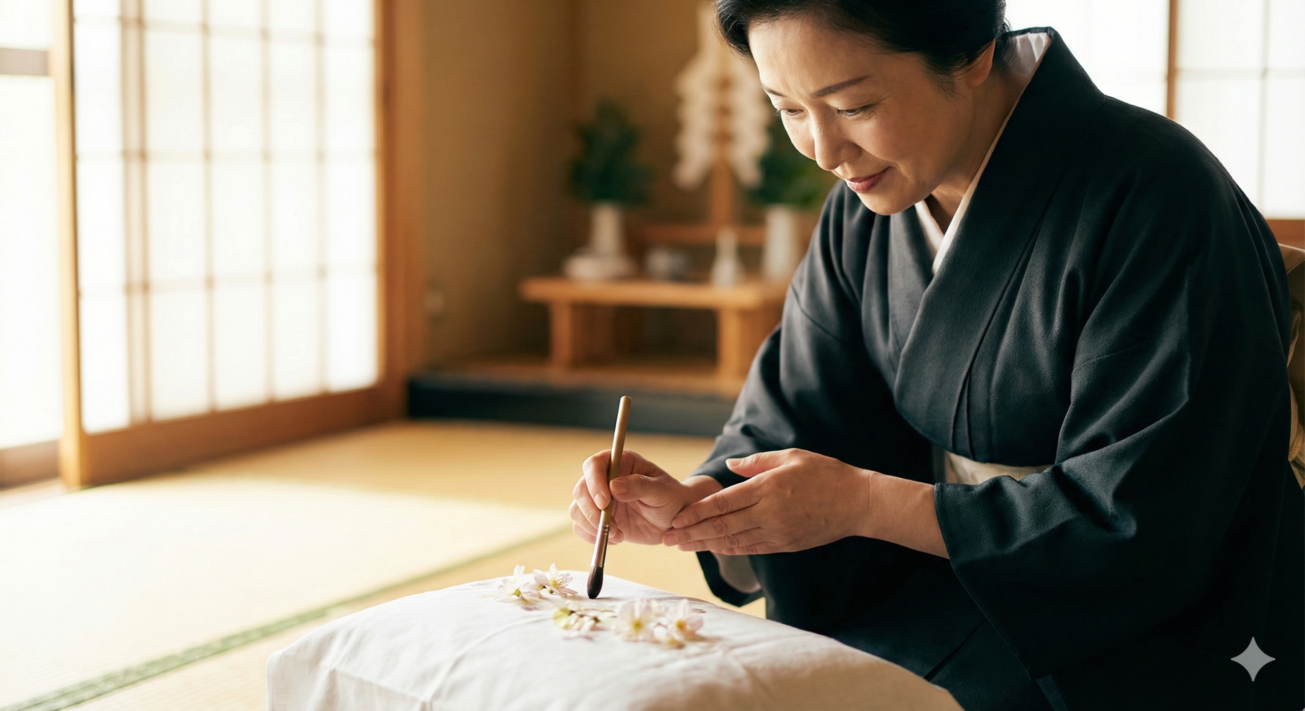 白衣やスーツを着た女性納棺師が、棺の中の故人（イメージ）に対して優しく死化粧（エンゼルメイク）を施している様子。手元には化粧道具が並び、神聖で美しい儀式の雰囲気を表現。