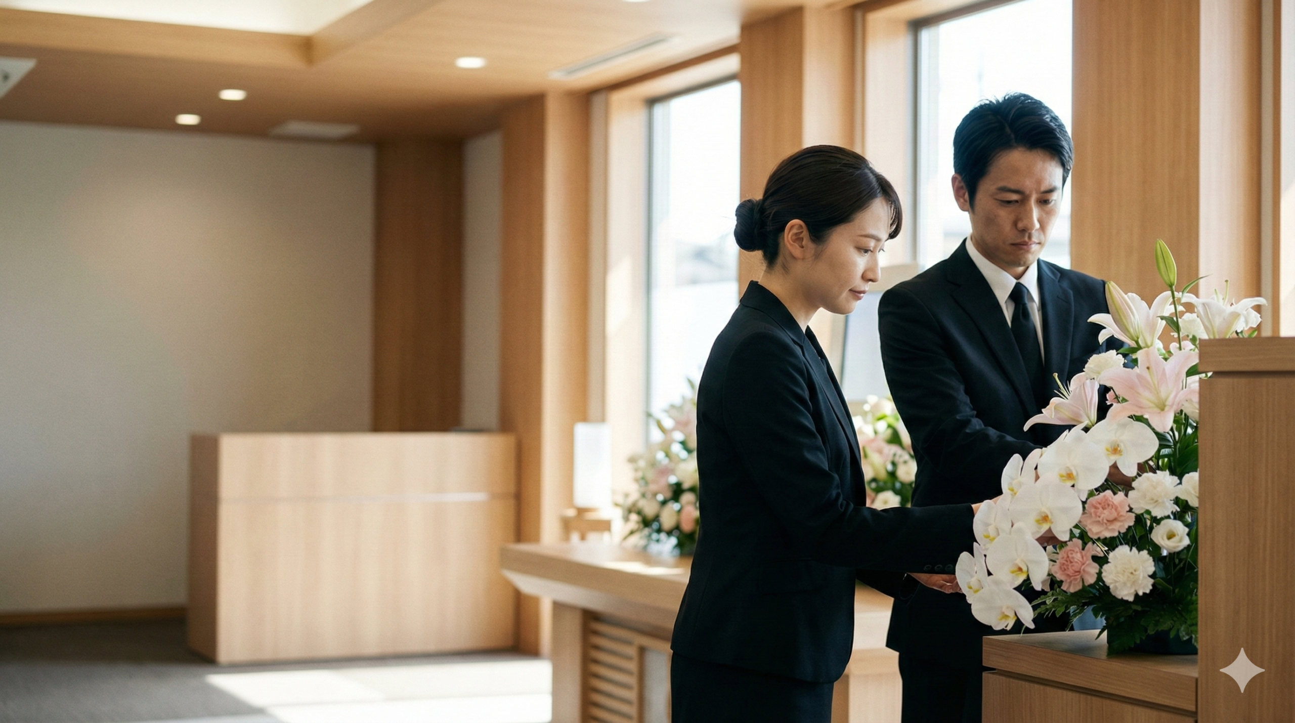 葬祭ディレクターの仕事内容。祭壇の生花を確認する男女スタッフの様子。