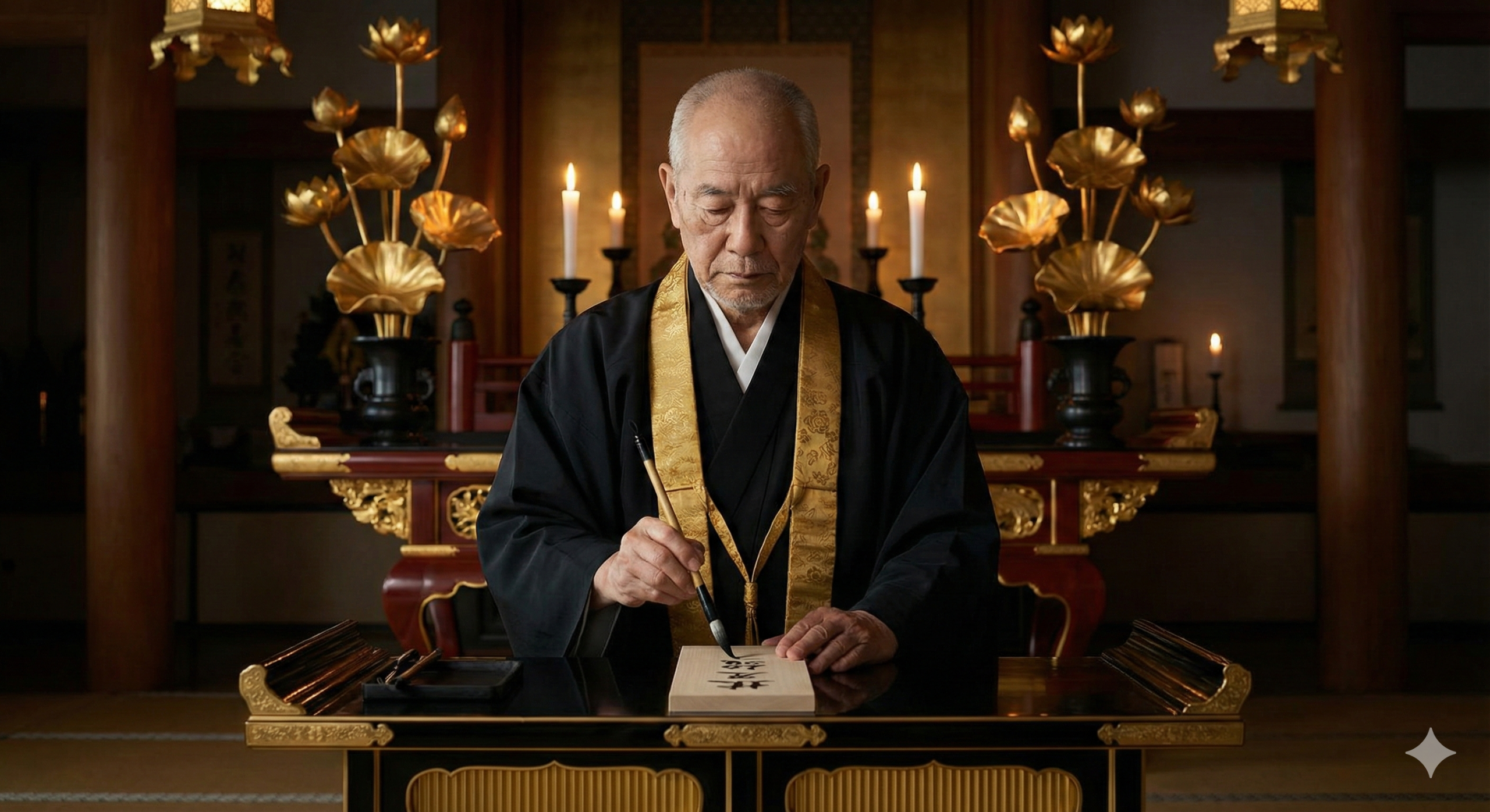 厳かな雰囲気の仏教寺院で、住職が筆で戒名を位牌に記している様子。背景には蓮の花のイメージ。