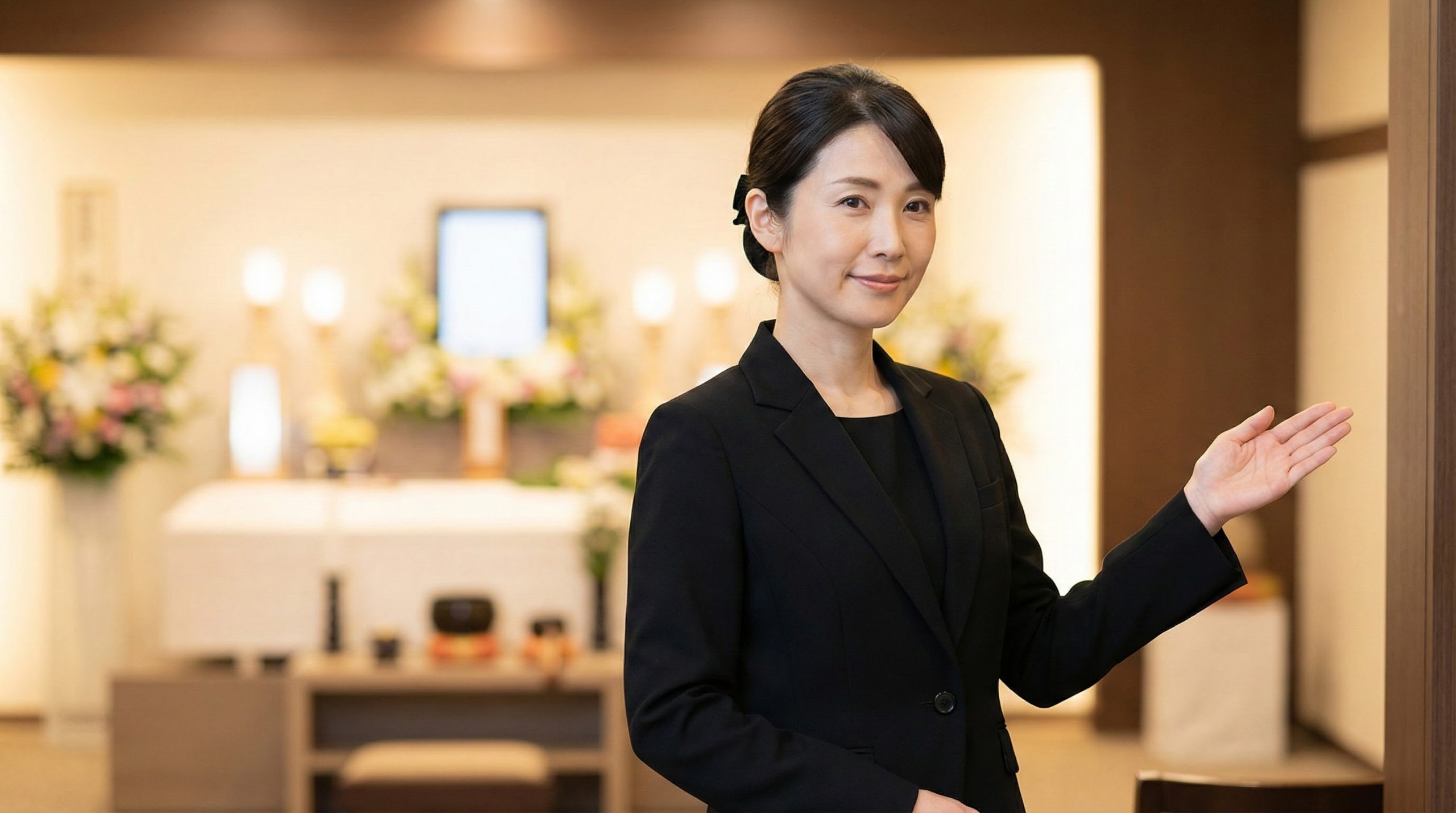 葬儀会場の祭壇前で、黒のスーツを着用し、丁寧な姿勢で参列者を案内している40代女性セレモニースタッフの様子。