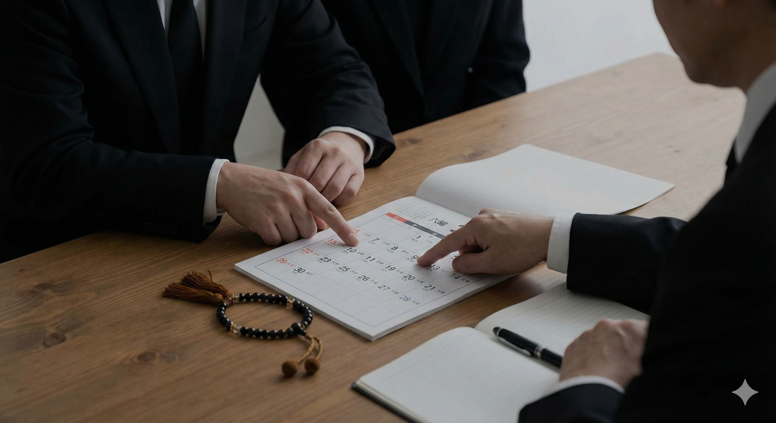 カレンダーと数珠が置かれたテーブルで、葬儀の日程を相談している喪服姿の家族の手元