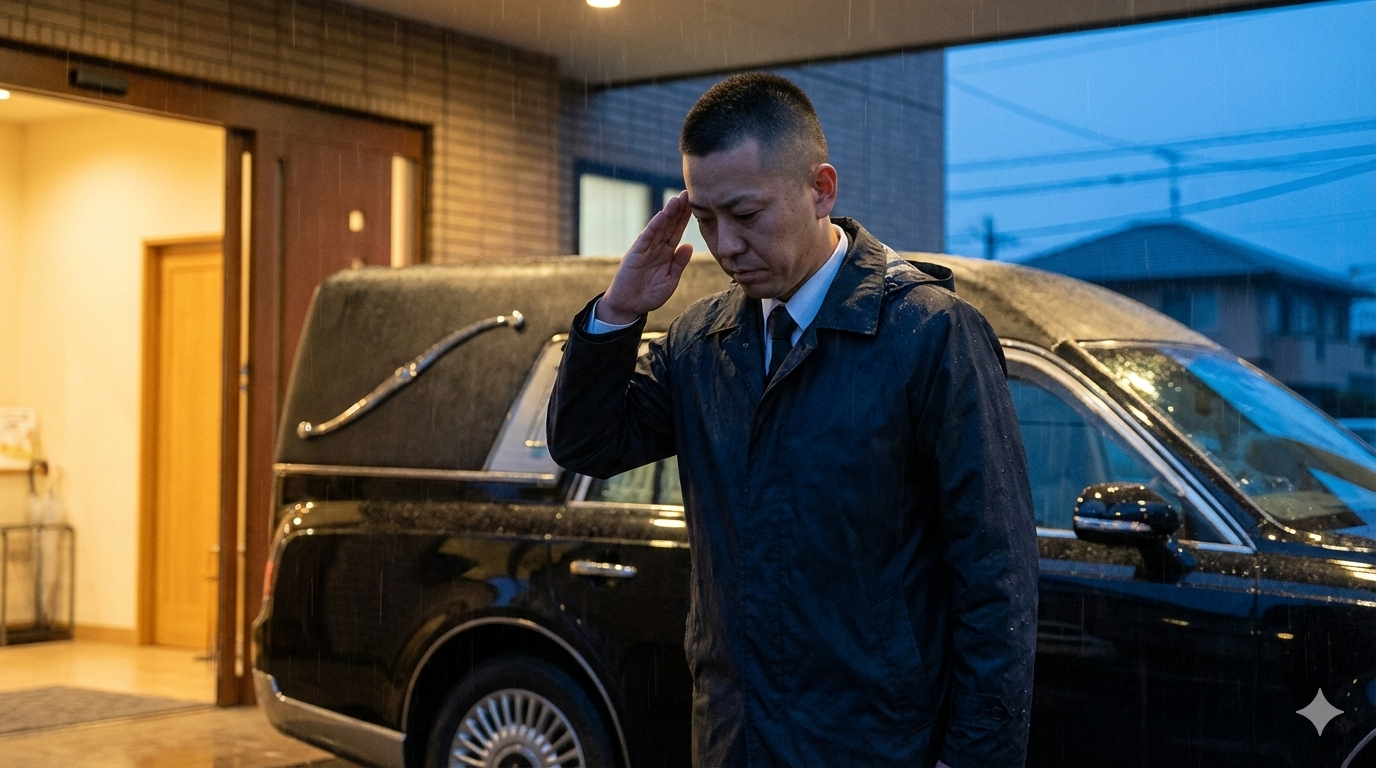 葬儀社の制服を着た男性スタッフが、背筋を伸ばして美しい敬礼（または最敬礼）をしている姿。元自衛官や警察官の規律正しさと、葬儀の厳粛さが融合したイメージ。