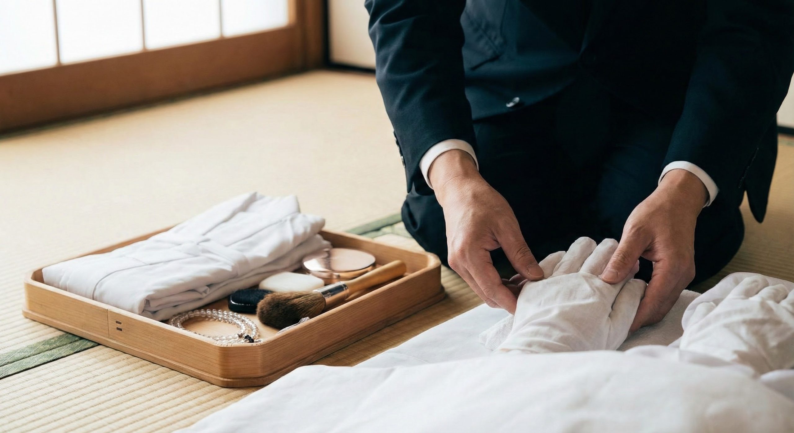 白衣を着た納棺師が、故人の手元を丁寧に整えている様子。柔らかい光の中で、旅支度のための化粧道具や旅装束が盆の上に置かれている。