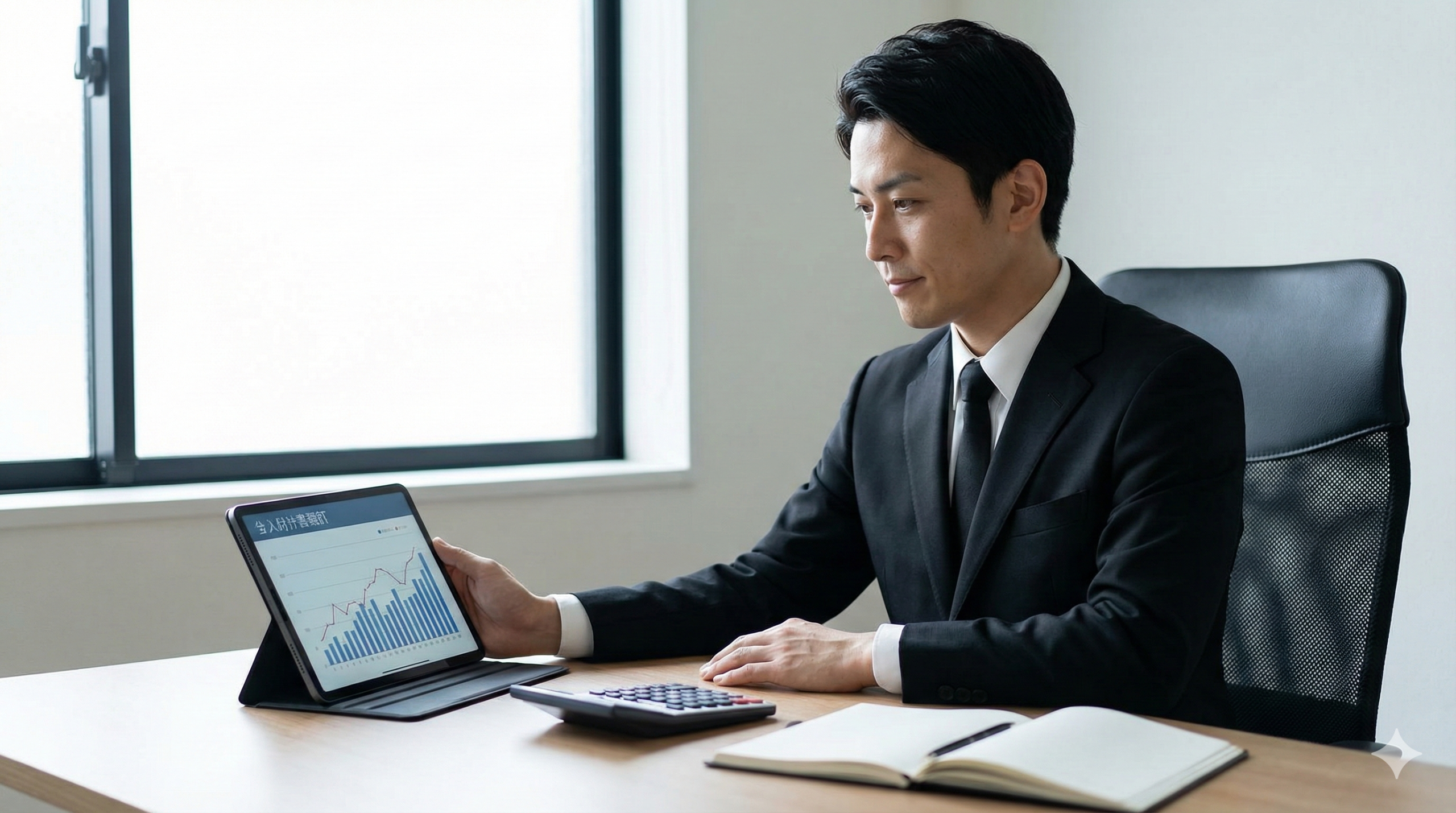 オフィスでタブレットの財務グラフやデータを確認する、スーツ姿の日本人男性葬儀ディレクター