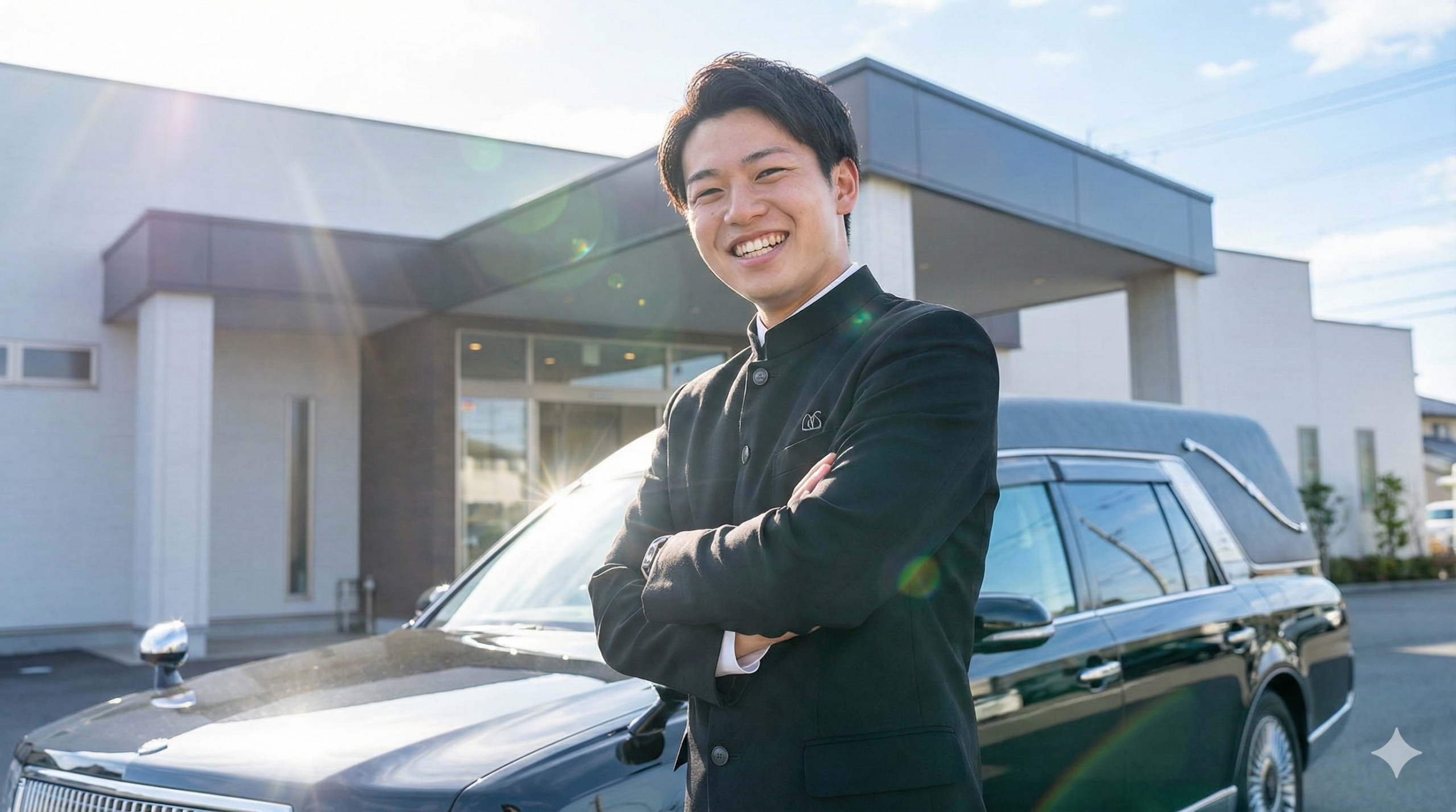 20代前半の若手男性葬祭スタッフが、自信に満ちた表情でインカムを付け、現場でテキパキと指示出しをしている様子。「学歴関係なく活躍できる」というポジティブなイメージ。