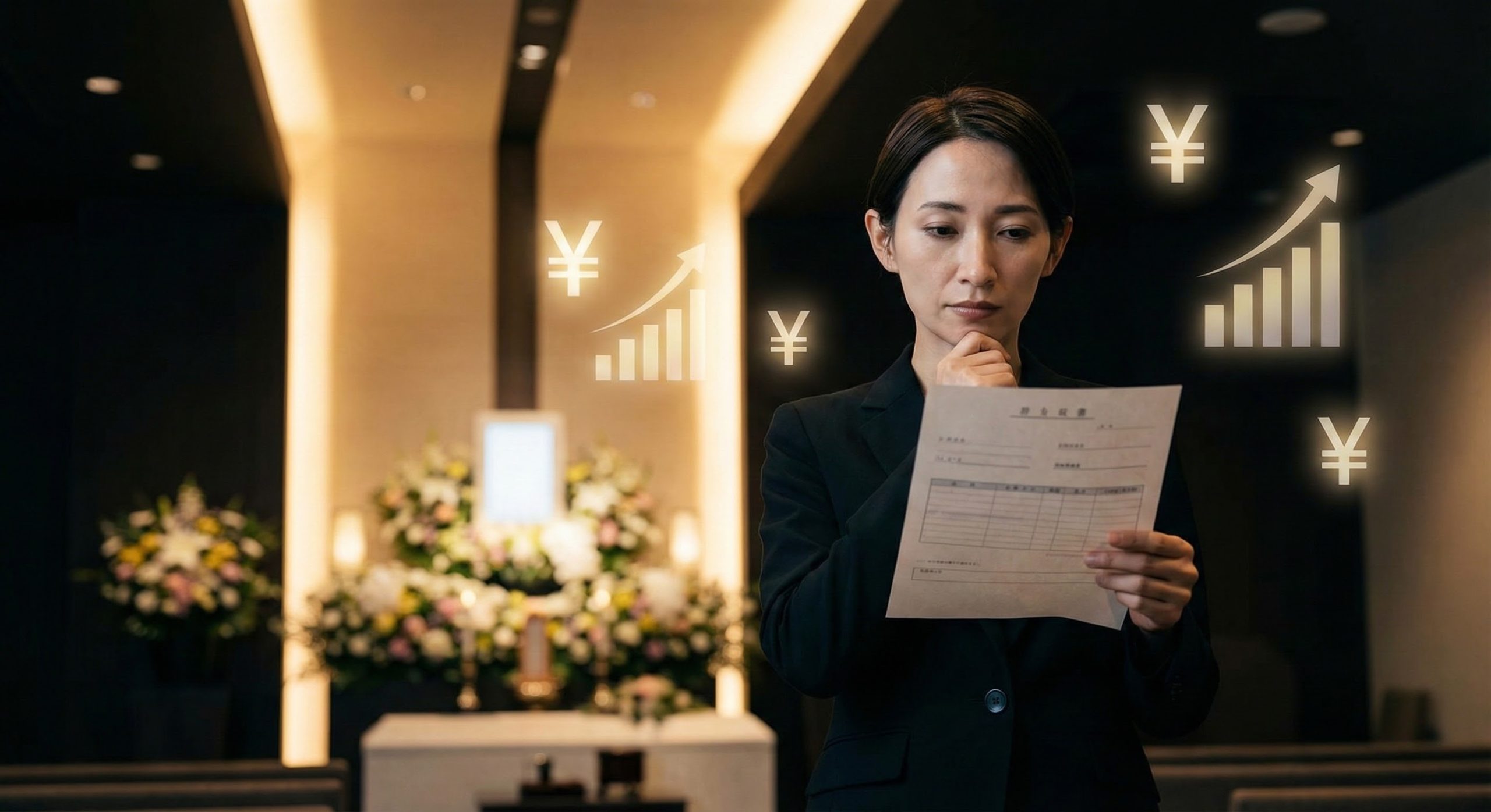 葬儀社のスタッフが給与明細を持って少し困った顔をしている様子と高層ビルの背景