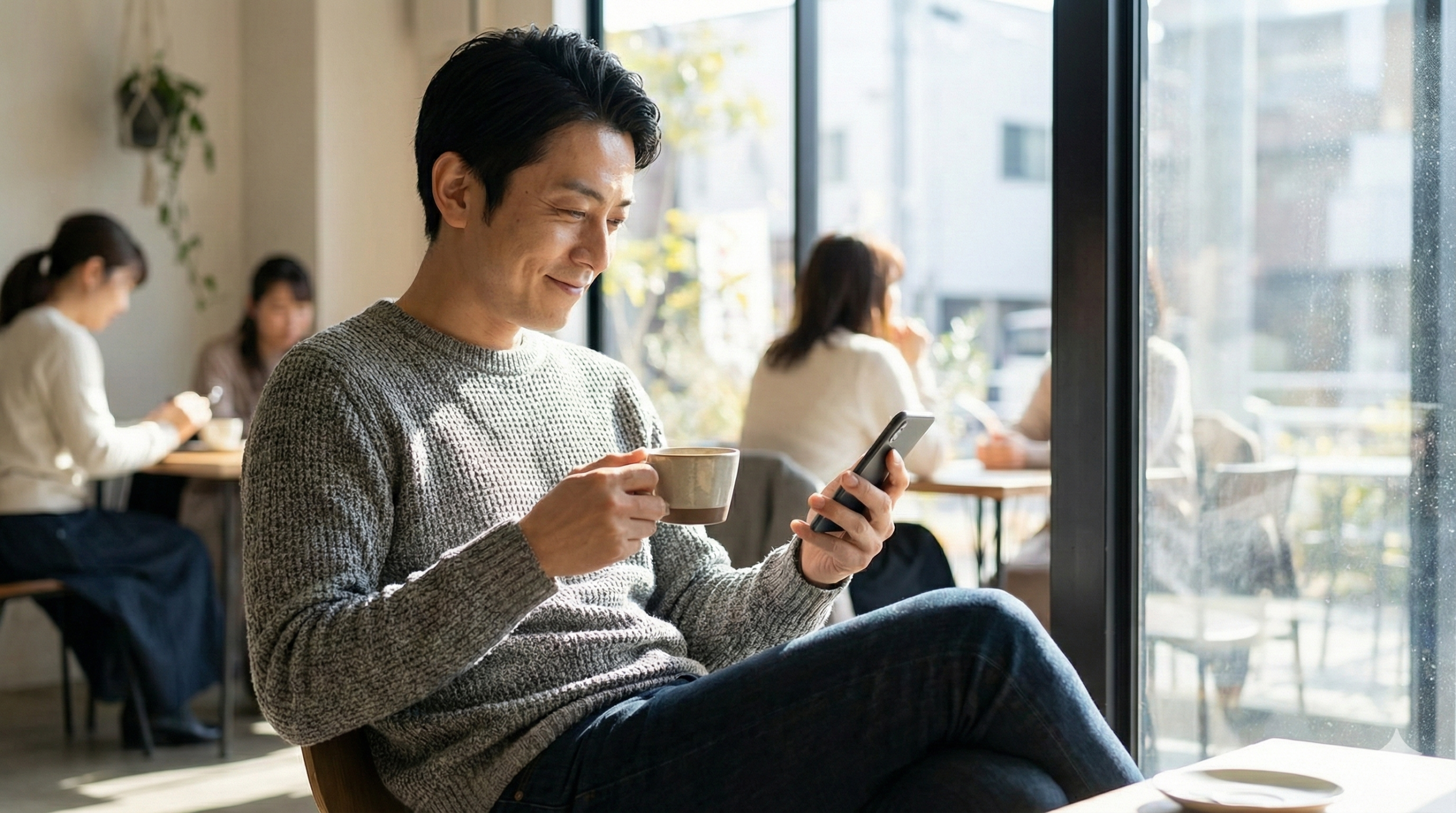 葬儀ディレクターの休日：私服でカフェでくつろぎ、ワークライフバランスが充実している様子