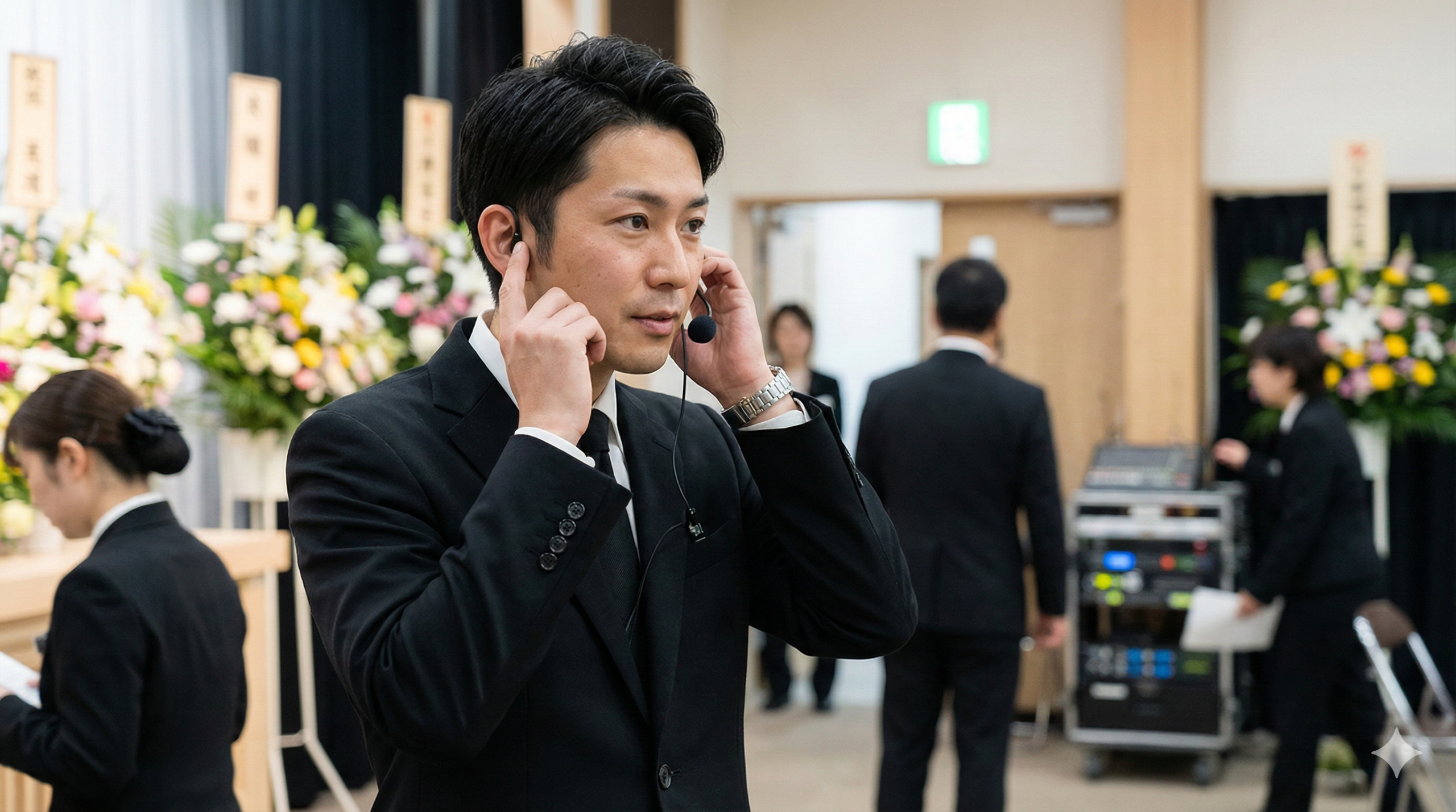 葬儀社のホールで、インカム（無線機）に手を当てて真剣な表情で指示を出しているプロフェッショナルな男性スタッフ。冷静さと頼もしさを表現。