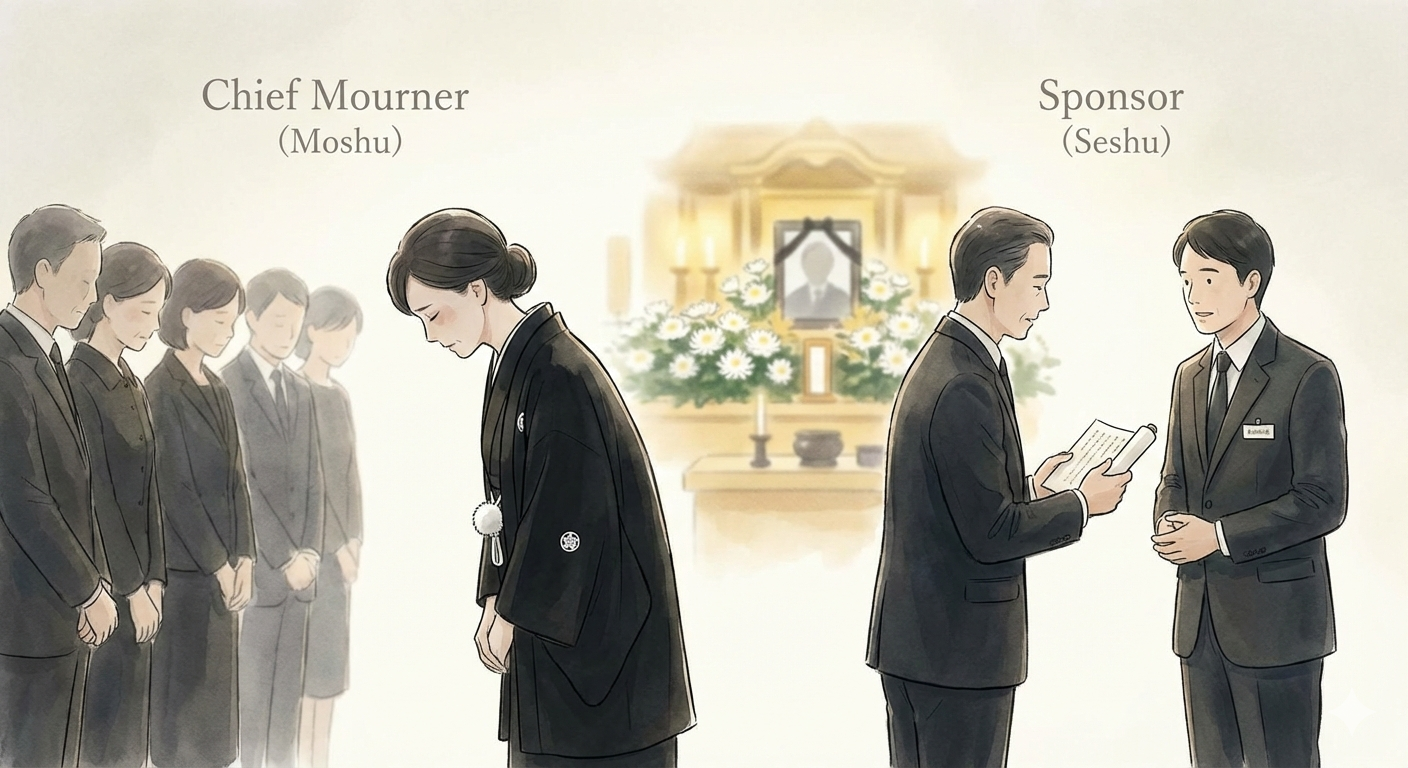 日本の葬儀における喪主と施主のイメージ。喪服を着て挨拶をする喪主と、書類を確認する施主の対比イラスト。