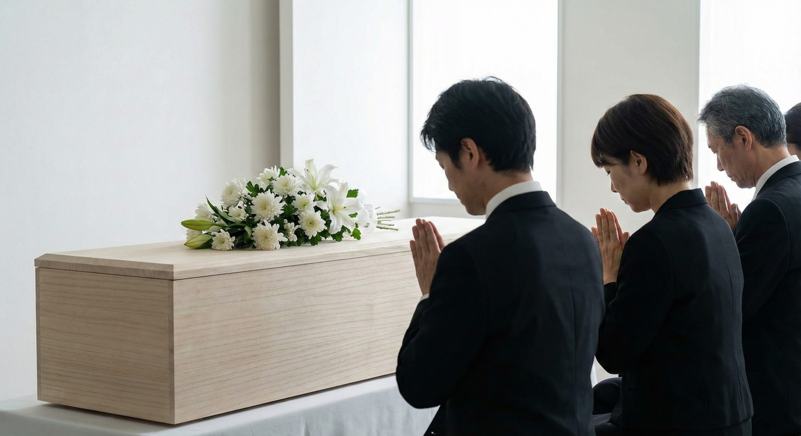清潔な安置室で棺の上に手向けられた花束と、静かに手を合わせる遺族のイメージ