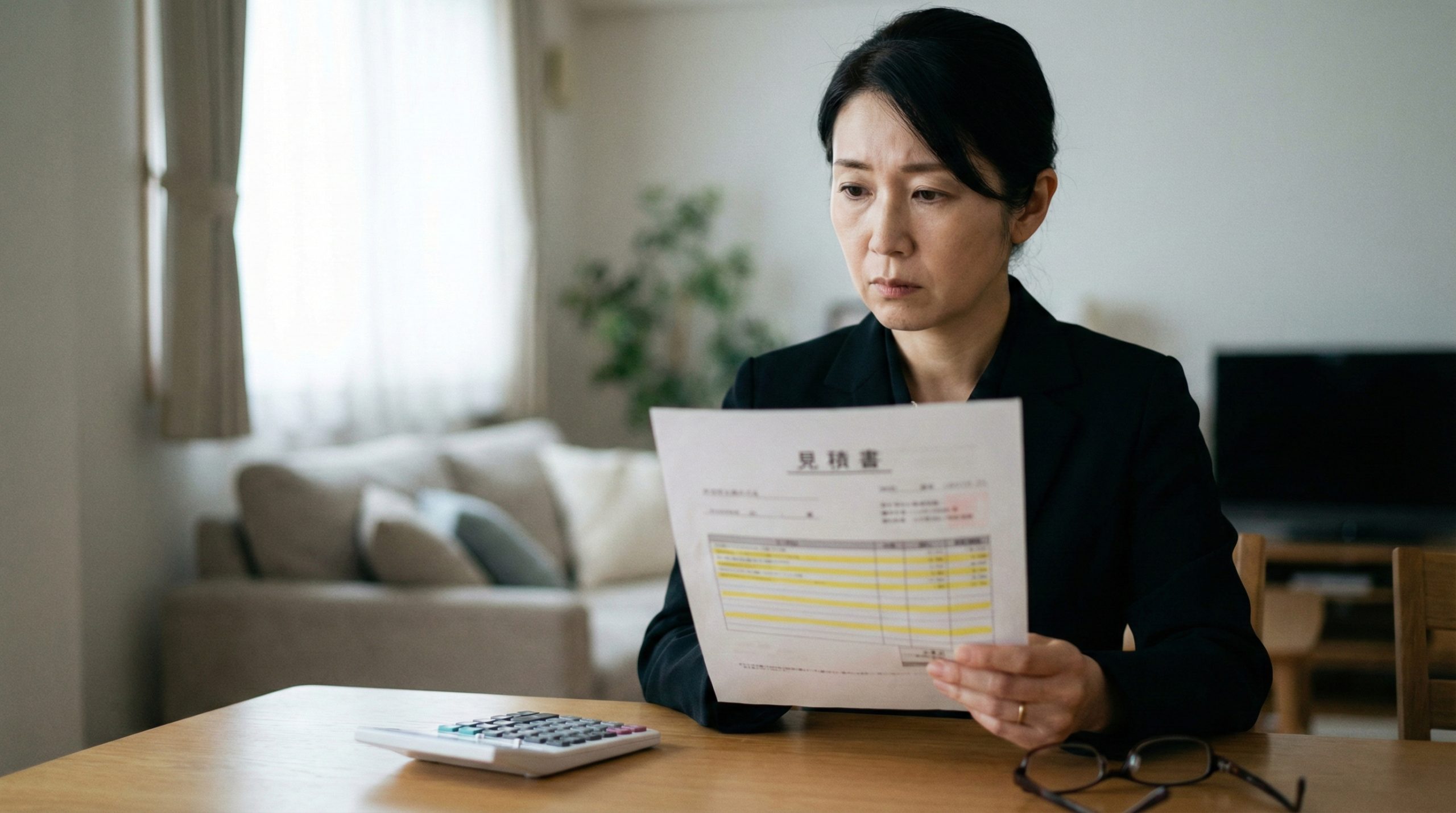 電卓と葬儀の見積書を持ち、悩みながら検討している喪服姿の女性の手元