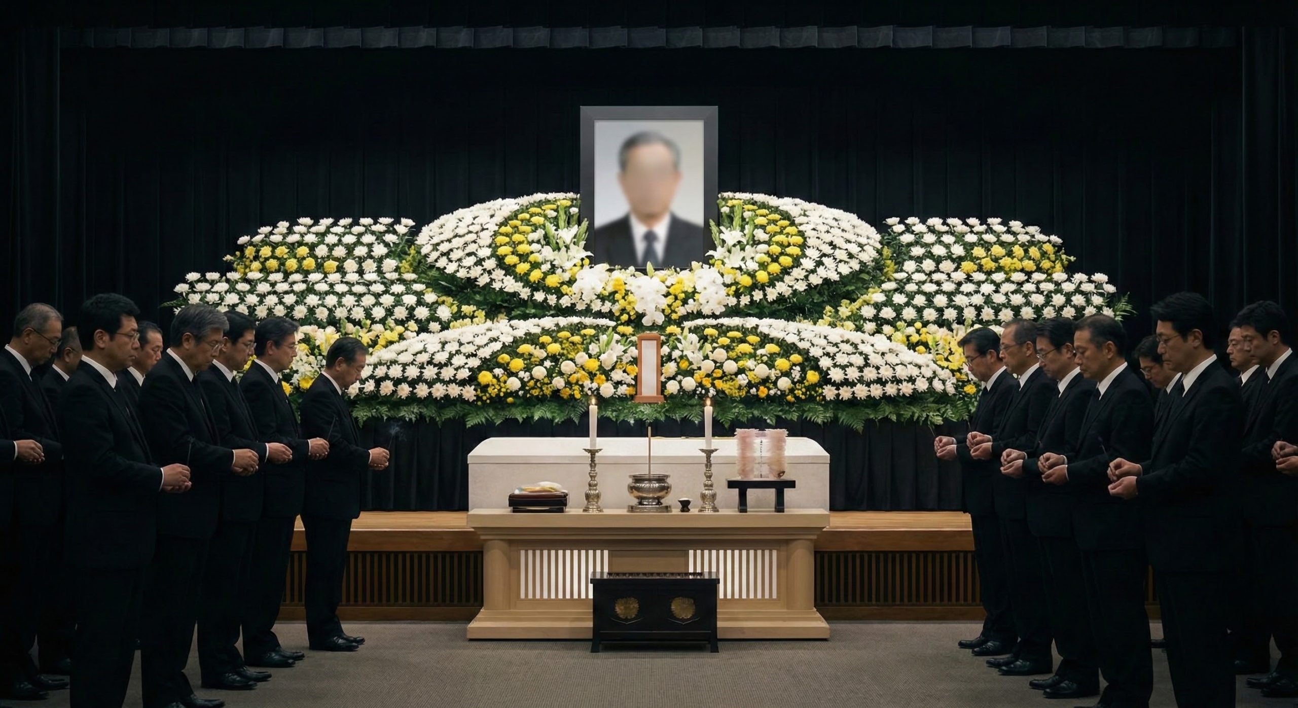 厳粛な雰囲気で行われる企業の社葬・合同葬の祭壇と参列者の様子