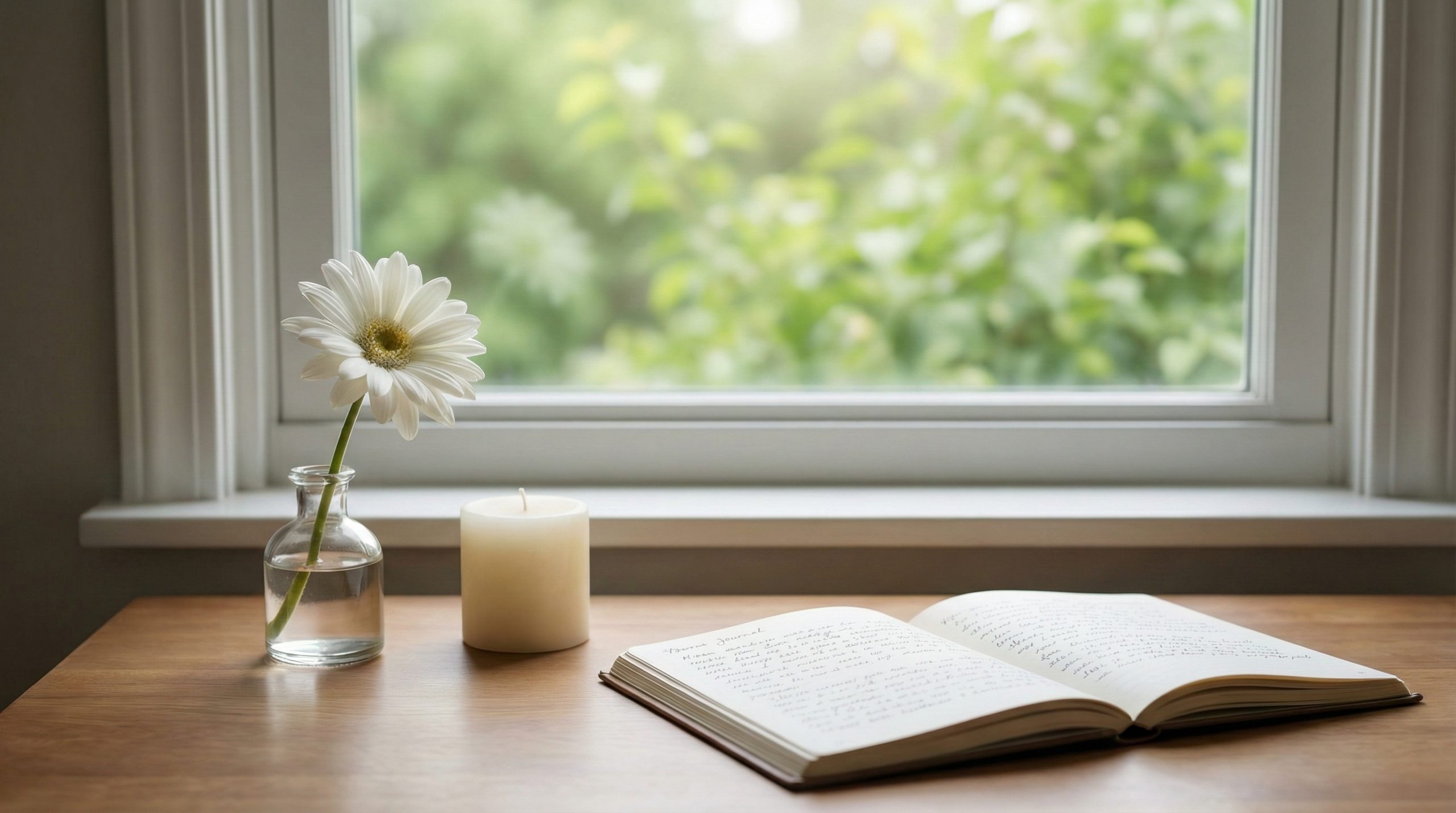 柔らかな朝の光が差し込む窓辺に置かれた一輪の白い花と、希望を感じさせる温かい雰囲気