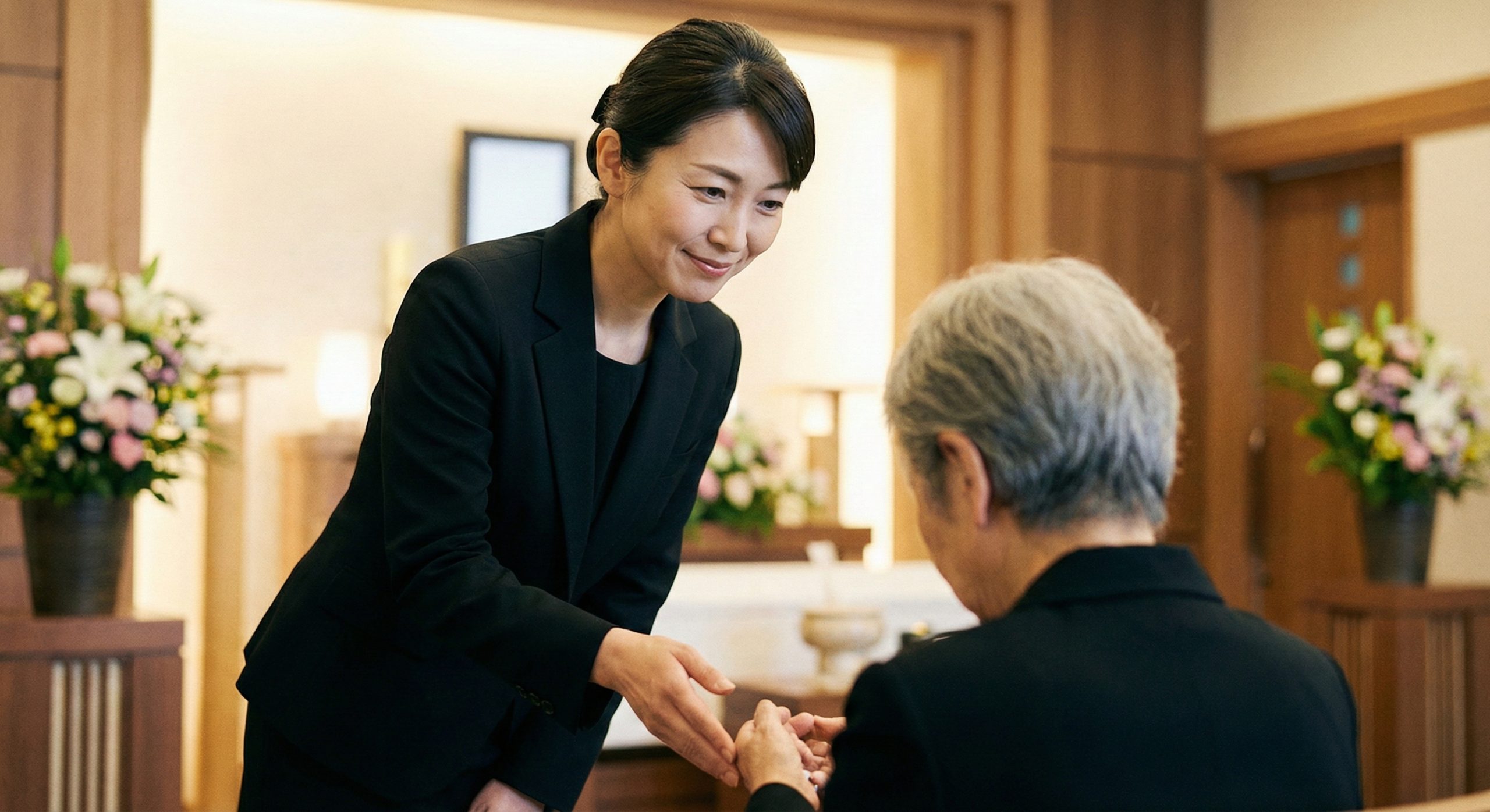 葬儀会場のロビーで、喪服を着た40代の女性セレモニースタッフが、参列者に対して穏やかな表情で丁寧にお辞儀をして案内をしている様子。