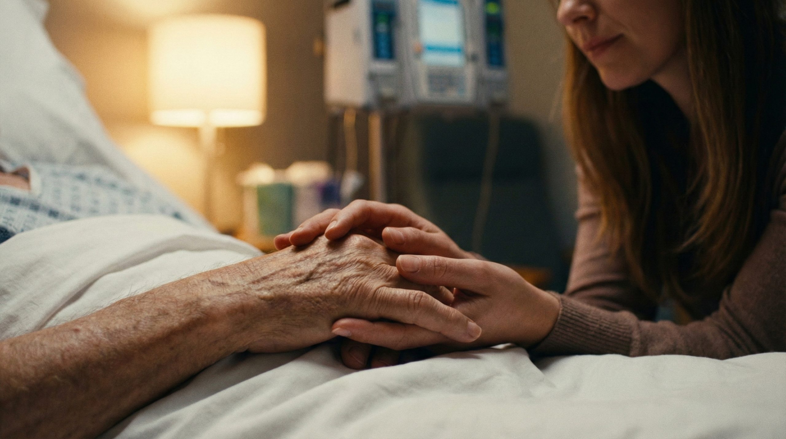 病院のベッドで大切な人の手を両手で優しく包み込み、祈りを捧げている家族の手元のクローズアップ