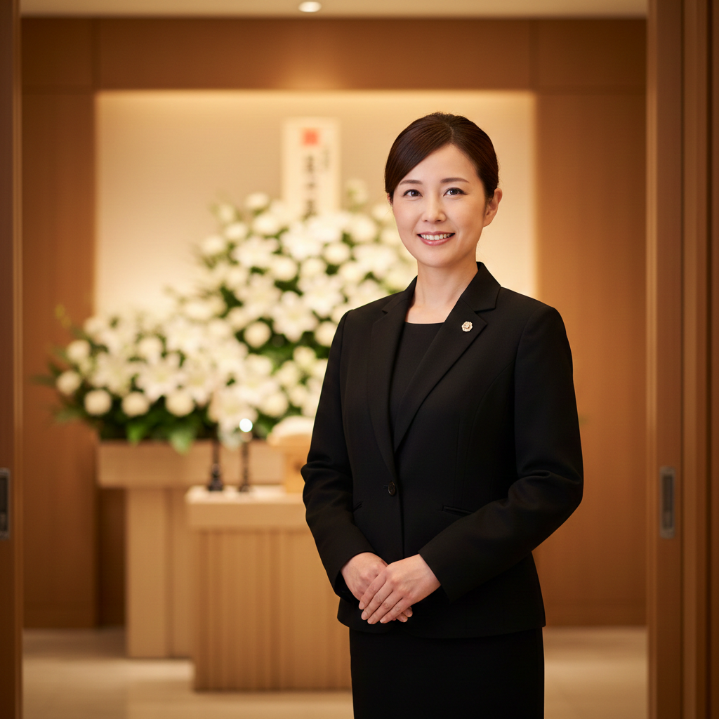 落ち着いた雰囲気の葬儀会場で、誠実な表情で参列者を案内する女性スタッフ。