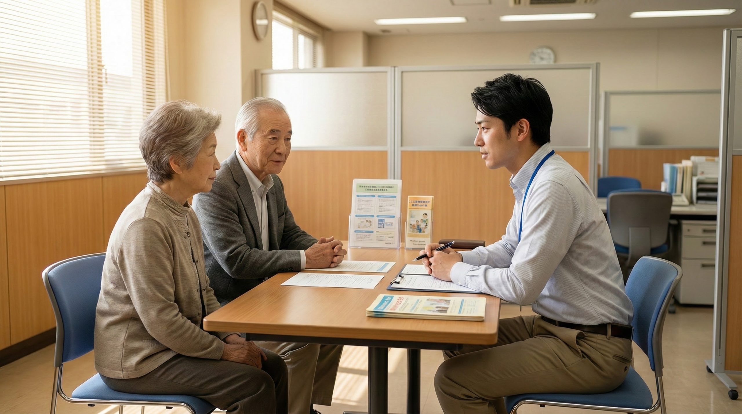 ケースワーカーと葬儀の相談をしている高齢者と、安心した表情の家族