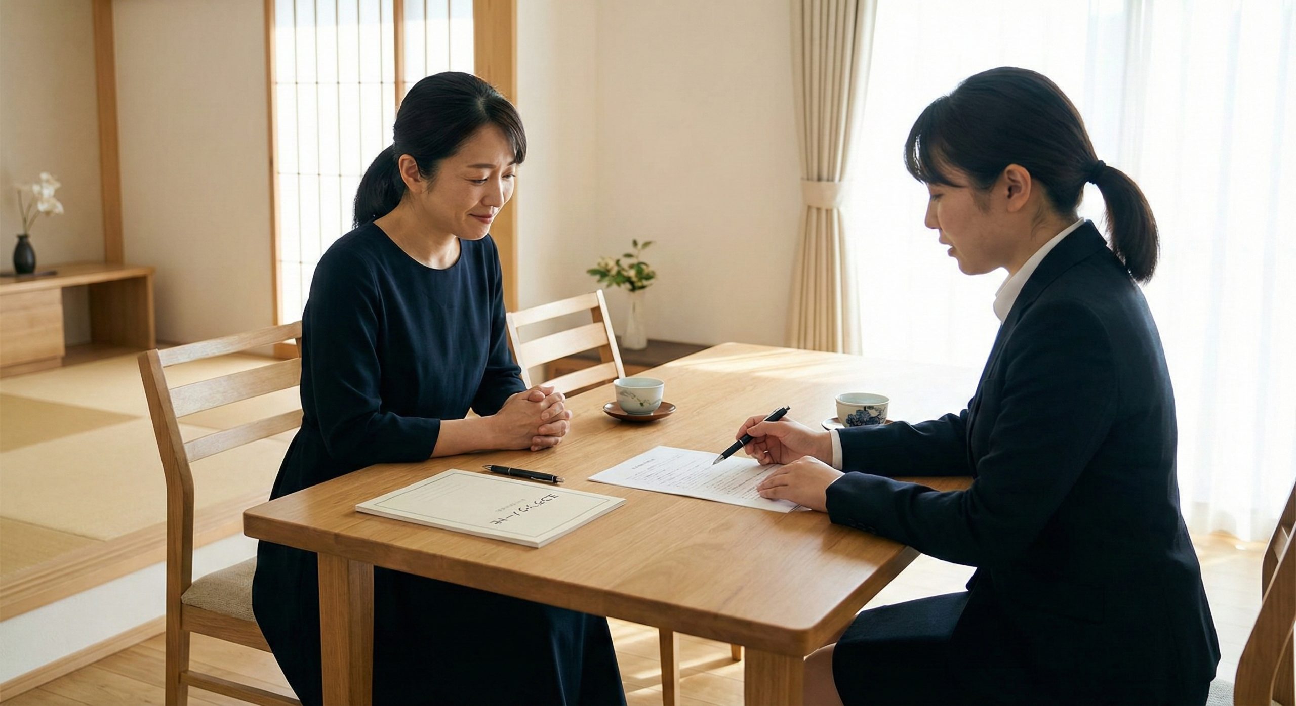 落ち着いた色合いのリビングで、女性の喪主が葬儀社のスタッフと穏やかな表情で打ち合わせをしている様子。テーブルにはノートとペン、温かいお茶が置かれている。