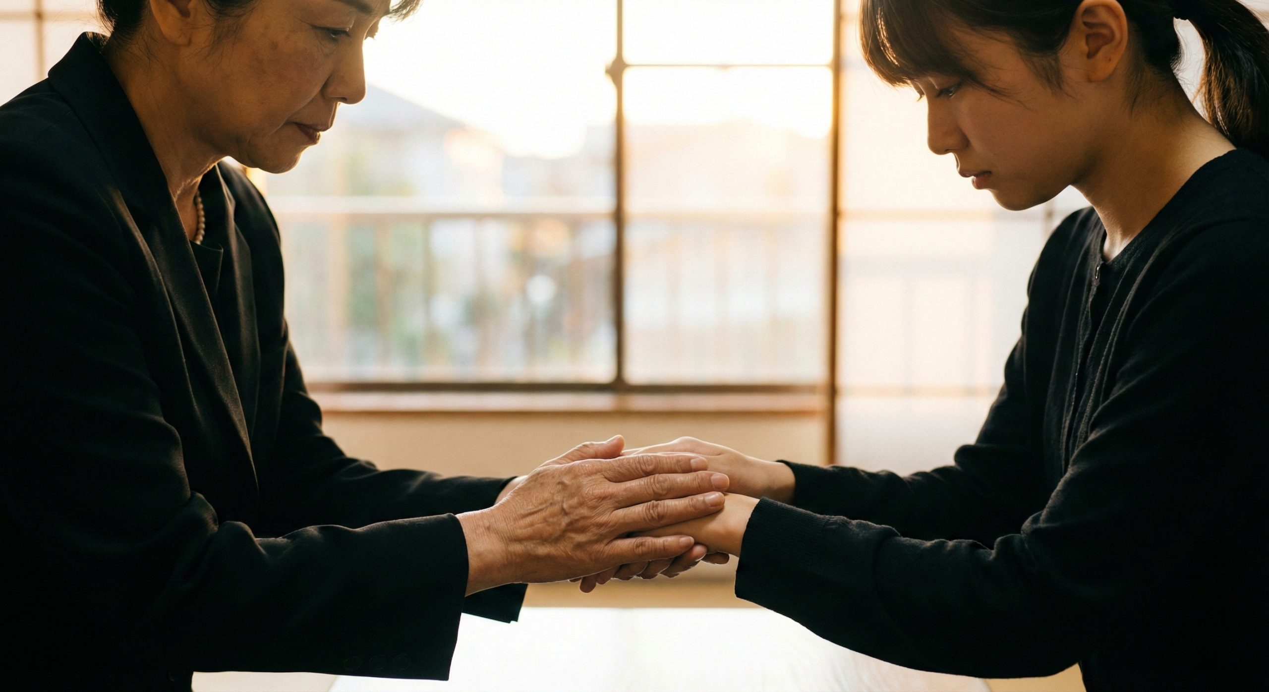 悲しみの中でスマートフォンを持ち、葬儀の手順を調べる女性の手元と、窓から差し込む優しい光。