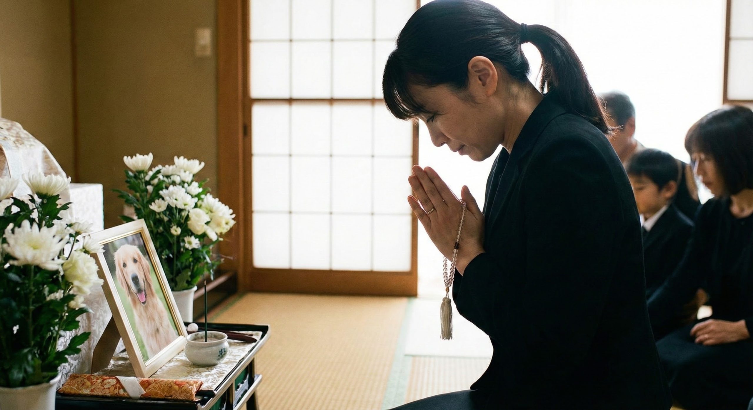 黒や紺の落ち着いた服装でペットの火葬場で手を合わせる飼い主の手元と数珠