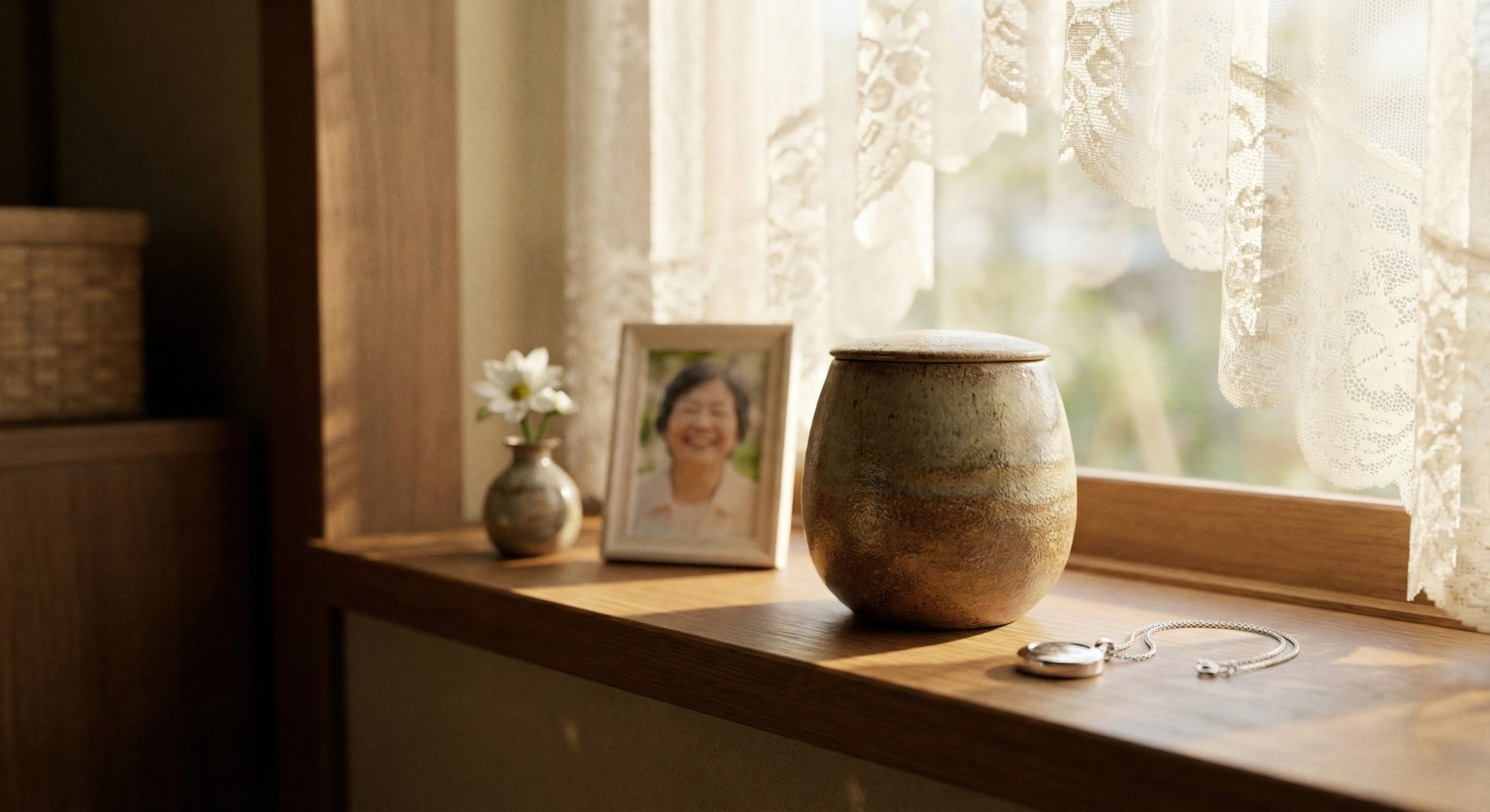 リビングに馴染むモダンな手元供養セット（ミニ骨壷と花立て）と柔らかな自然光