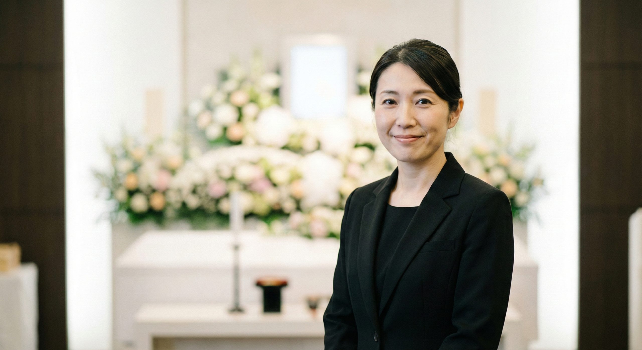 黒の喪服を着用し、穏やかで慈愛に満ちた表情の40代日本人女性葬儀ディレクター。背景には美しい生花祭壇のある静かな葬儀ホールがあり、プロフェッショナルな雰囲気と温かさを感じさせる。