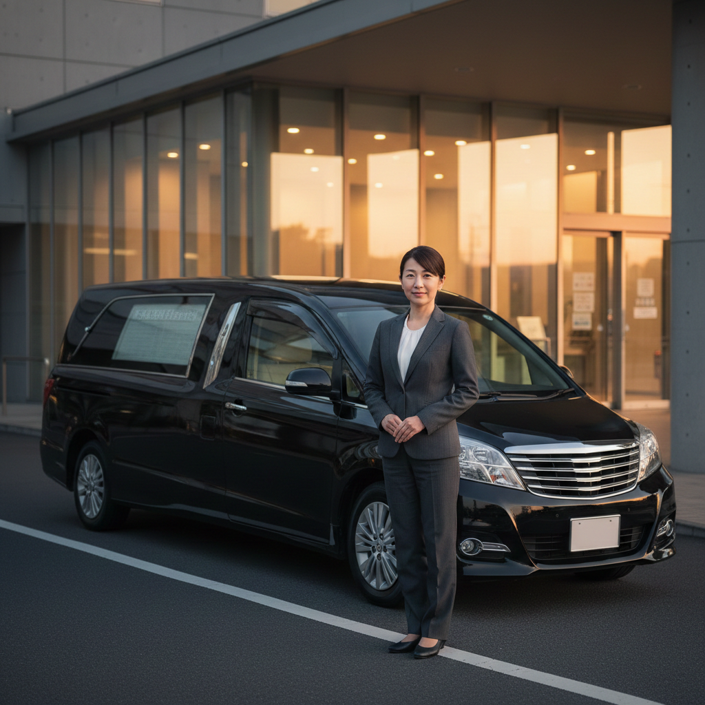 病院の出口付近に停まる、落ち着いた雰囲気の寝台車と、優しく寄り添う葬儀スタッフのイメージ