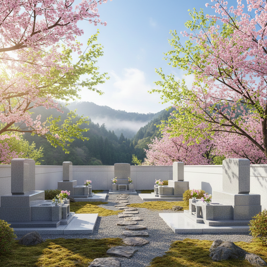 春の穏やかな日差しが差し込む、桜が咲く美しい日本の永代供養墓地と、優しく微笑む案内人のイメージ