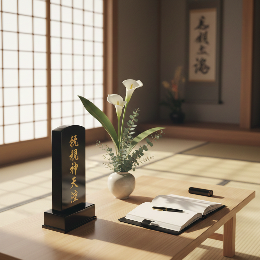 温かい日差しが差し込む寺院の本堂で、穏やかな表情で戒名の相談に乗っている女性専門家と、安心した様子の相談者。