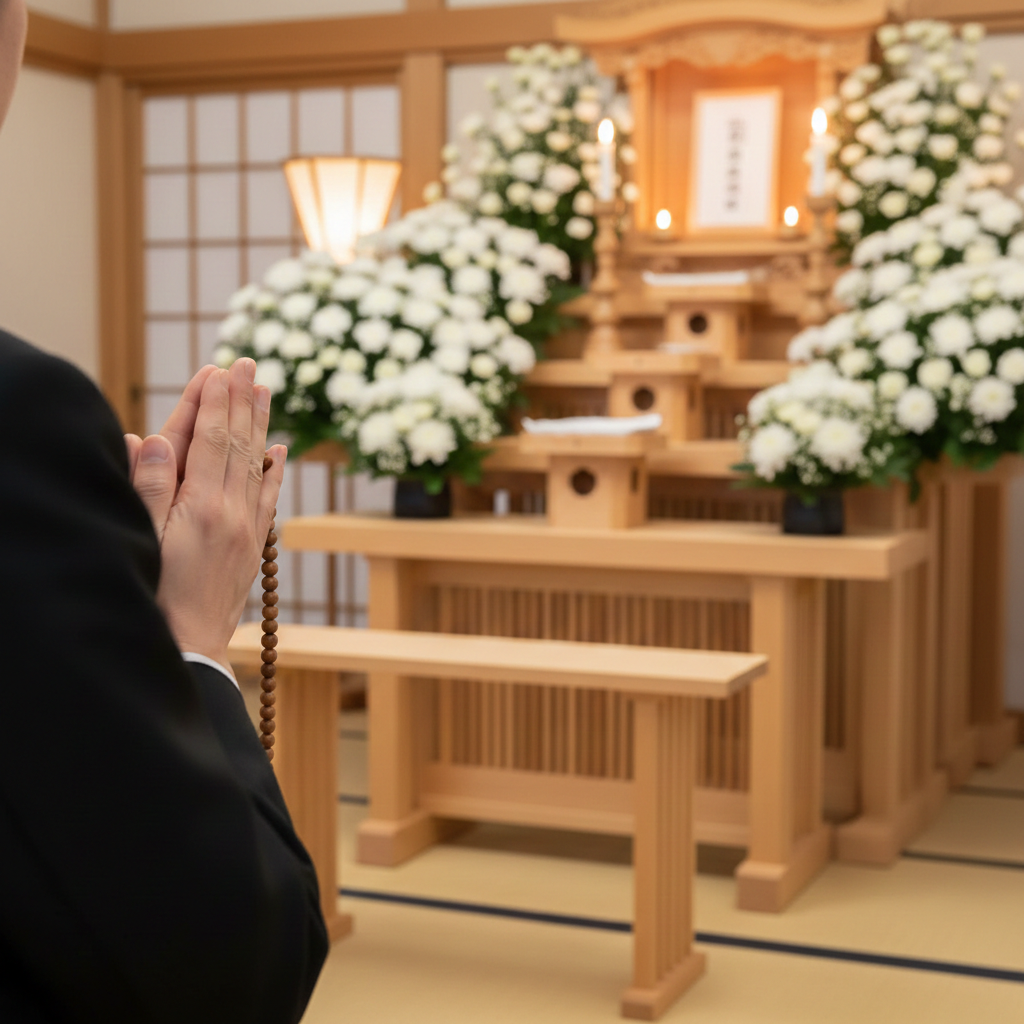 柔らかな光が差し込む日本の葬儀会場で、白菊の花が祭壇に飾られている様子。静謐で温かみのある雰囲気。