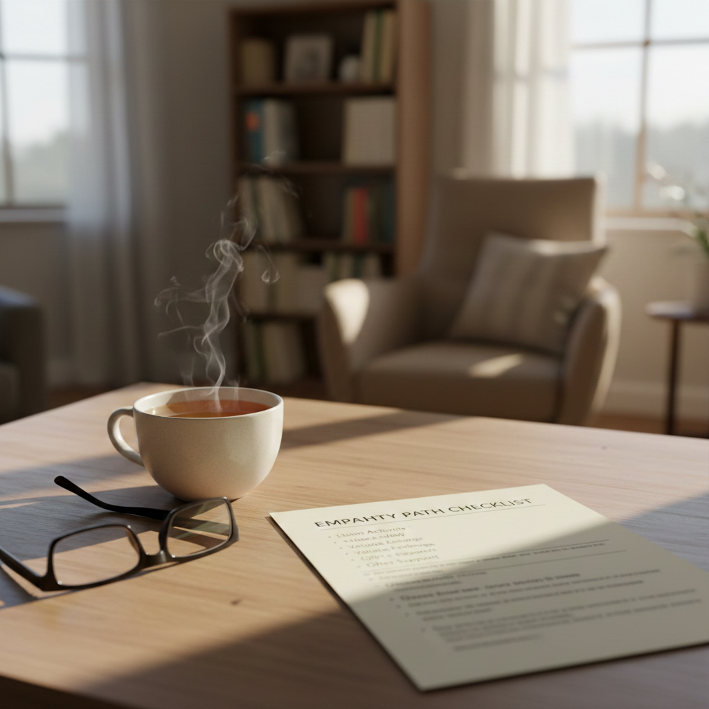 落ち着いた色調のデスクに置かれた手続きチェックリストと、寄り添うような温かい光。