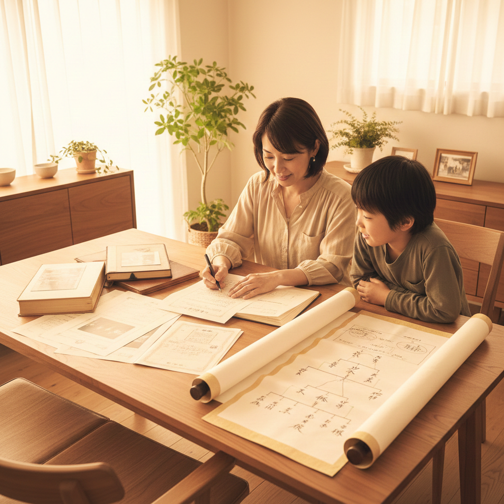 家族の歴史を未来へ繋ぐ家系図作成と温かい家族のイメージ