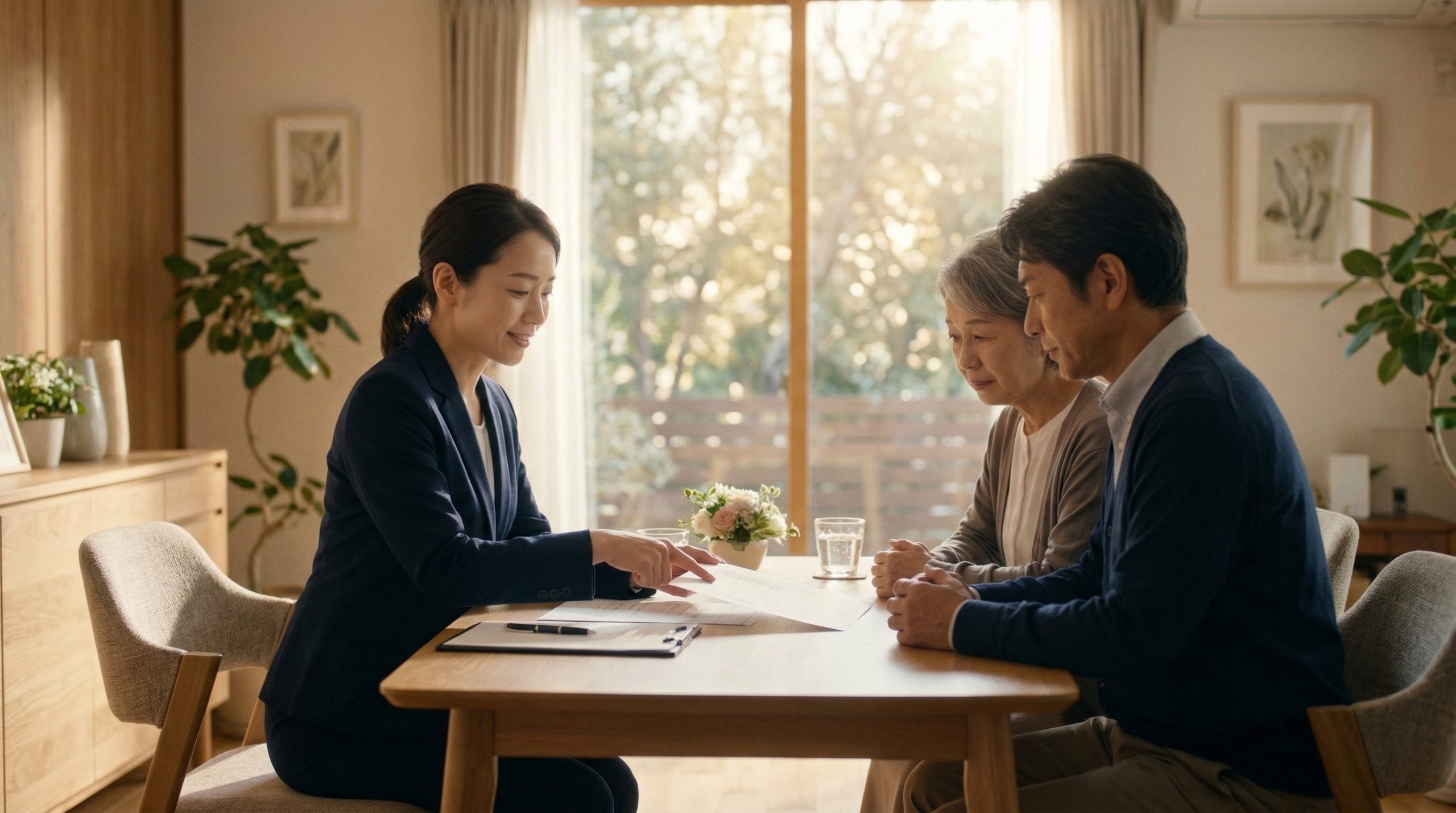 暖かみのある自然光が差し込む葬儀社の打ち合わせスペースで、落ち着いた表情の女性葬祭ディレクターが、悲しみの中にあるご遺族に優しく寄り添いながら、テーブル越しに資料を広げて丁寧に説明をしている様子。