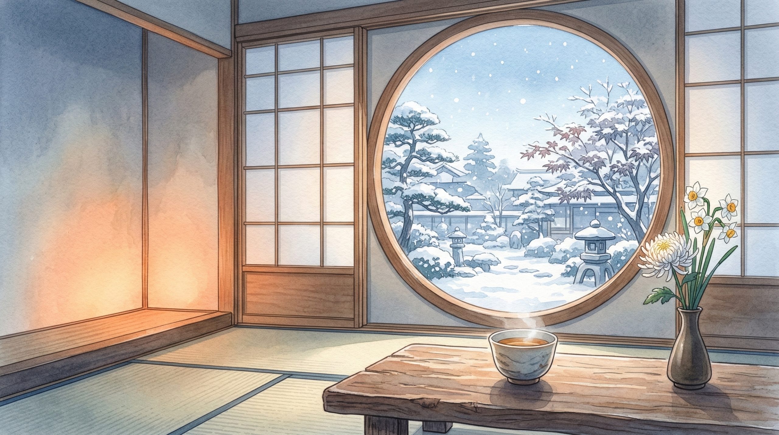 喪中の年末年始をテーマにした、温かみがあり落ち着いた雰囲気のブログ用アイキャッチ画像。日本の冬の静かな風景。和室の円窓から美しい雪景色が見えており、手前の木製テーブルの上には温かいお茶の入った湯呑みと、一輪の白い花（例えば白菊や水仙）が上品に飾られている。悲しみだけでなく、心穏やかに静かな新年を迎える希望と癒やしを感じさせる、高品質な水彩画調またはソフトフォーカスのかかったシネマティックなイラスト。全体の色調は落ち着いたブルーやペールグレーを基調とし、柔らかなオレンジ色の間接照明が温もりを添えている。テキストは不要。