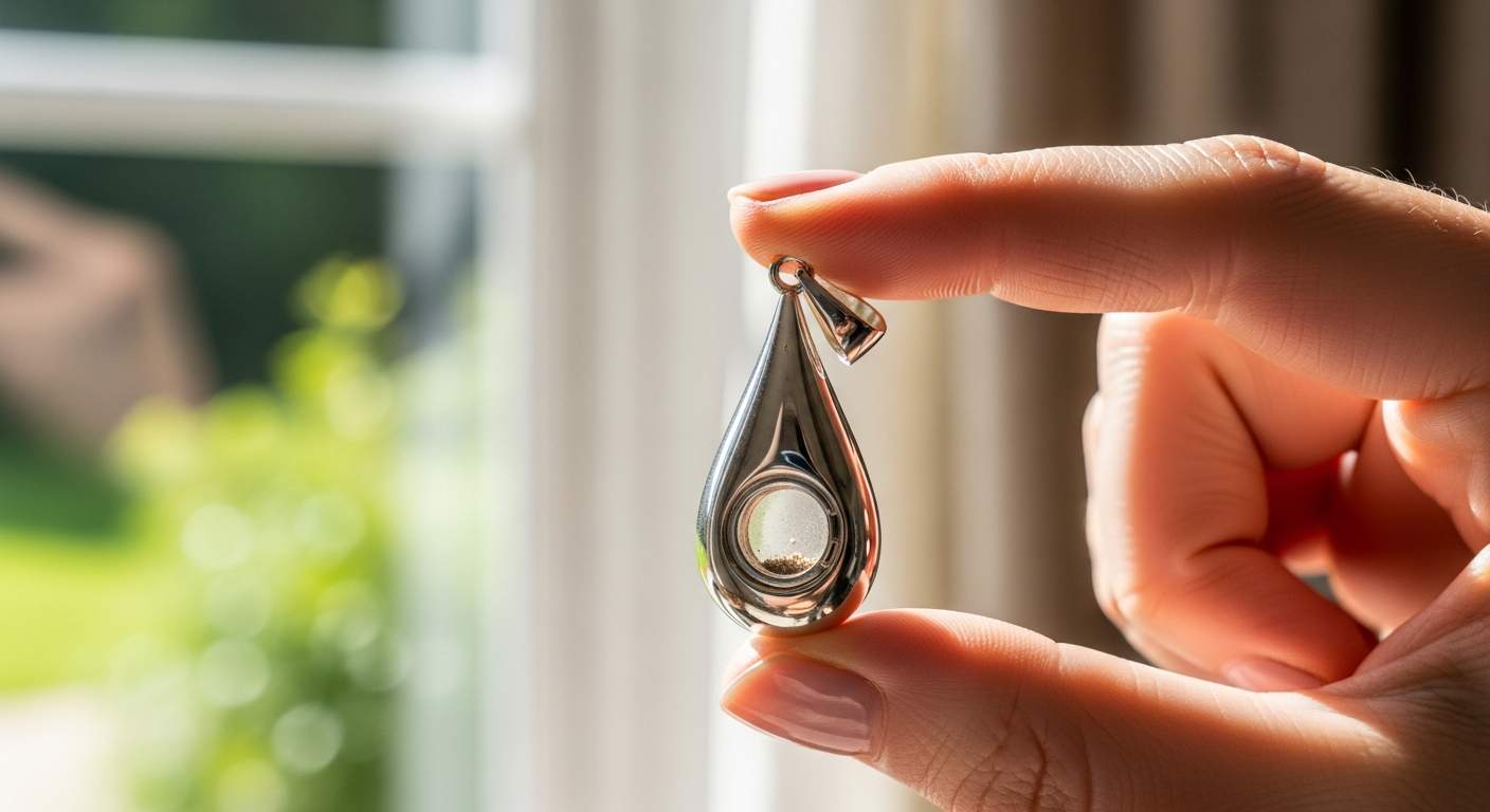 遺骨ペンダントを胸元で大切に握りしめ、穏やかな表情で空を見上げる女性, thumbnail-ashes-pendant.jpg