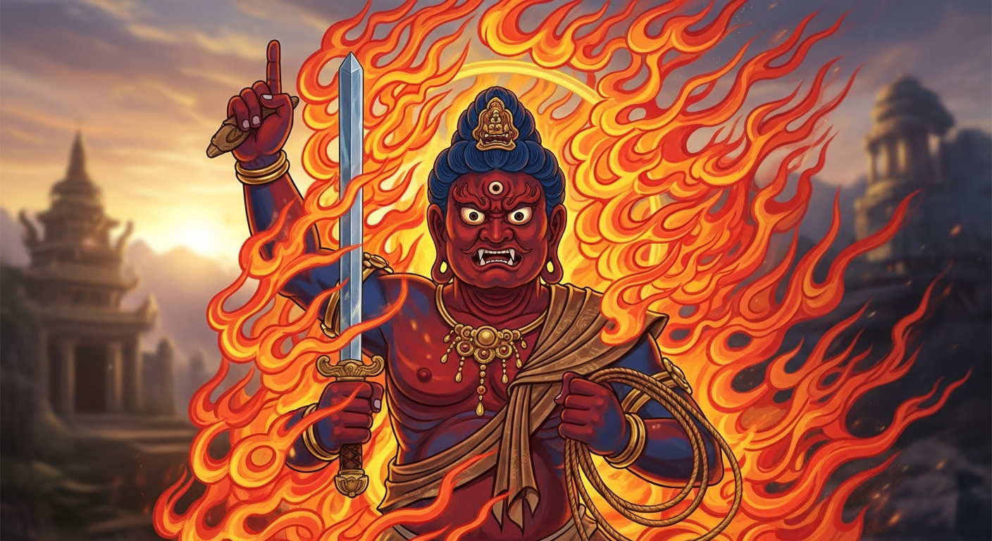 不動明王の真言（マントラ）を唱え心身を浄化するイメージ (filename: fudo-myoo-mantra-guide.jpg)