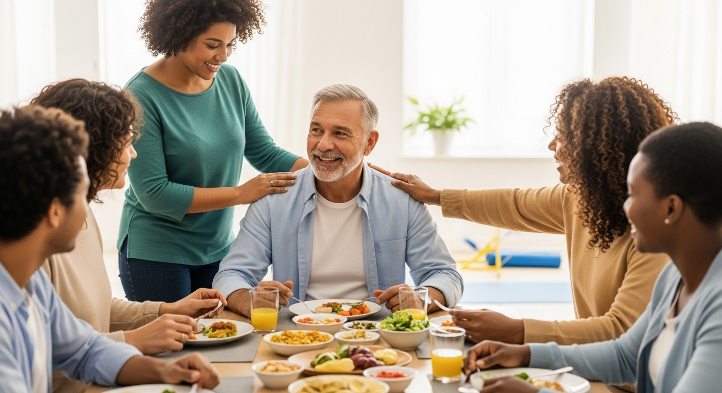 胃全摘出後の笑顔あふれる家族の食卓風景 (filename: family-support-after-gastrectomy.jpg)