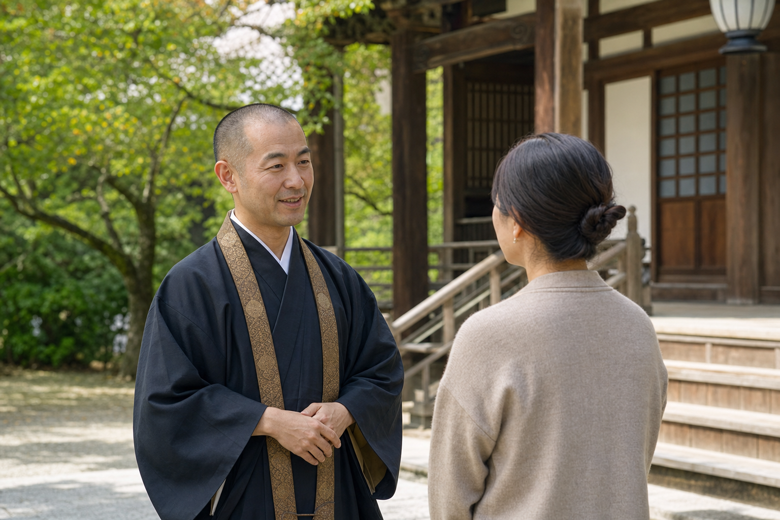 寺院の本堂前で住職と檀家が穏やかに話す情景