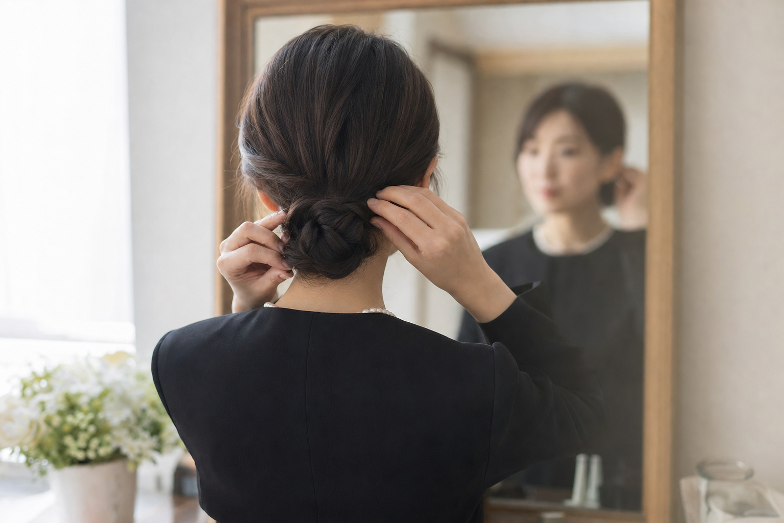 鏡の前で髪を低い位置でまとめる女性の手元
