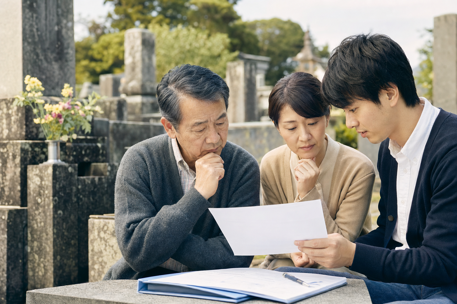 古い墓石の前で書類を確認する家族の手元