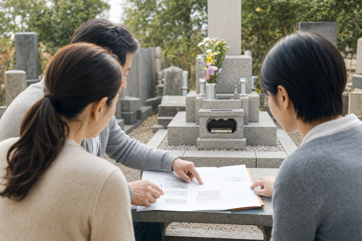 古いお墓の前で資料を広げて相談する家族の手元