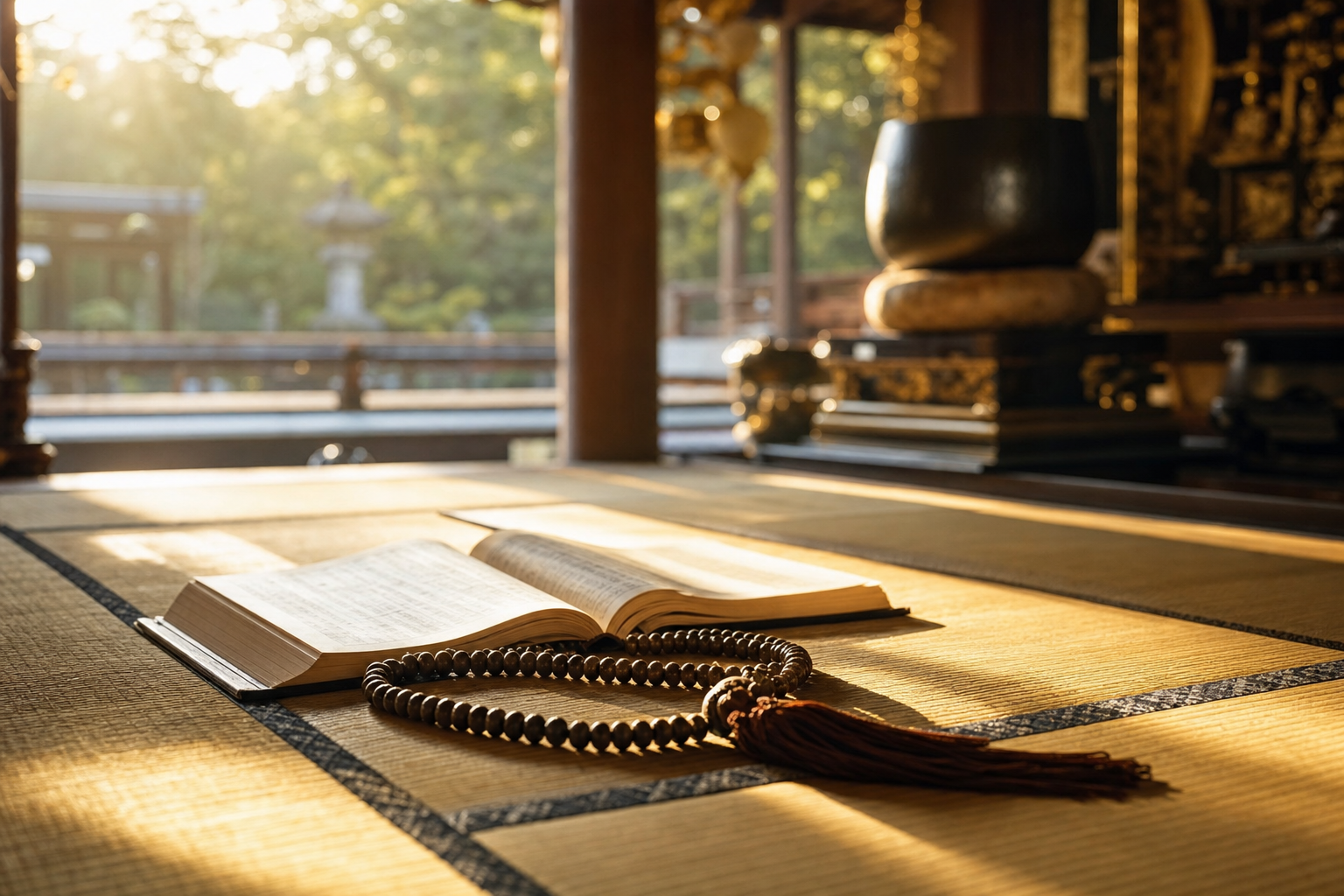 朝の光が差し込む寺の本堂で開かれた経本と数珠
