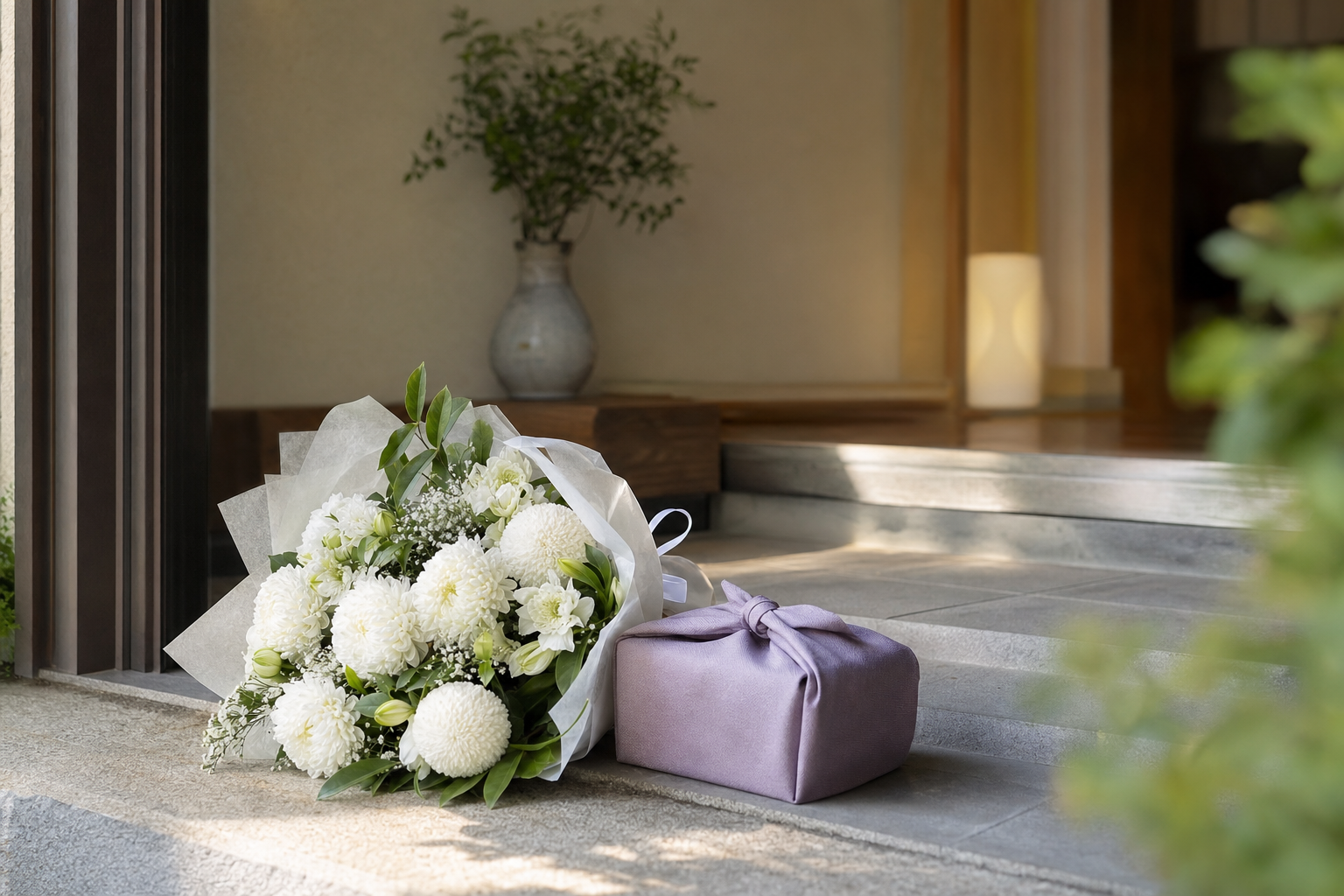 白い菊の花束と小さな手土産が玄関先に置かれた静かな情景