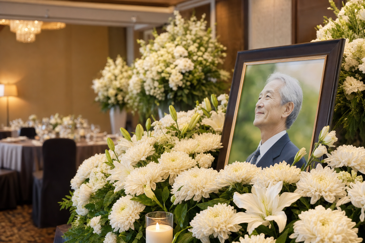 ホテルの会場に並ぶ白い菊と故人の遺影フレーム