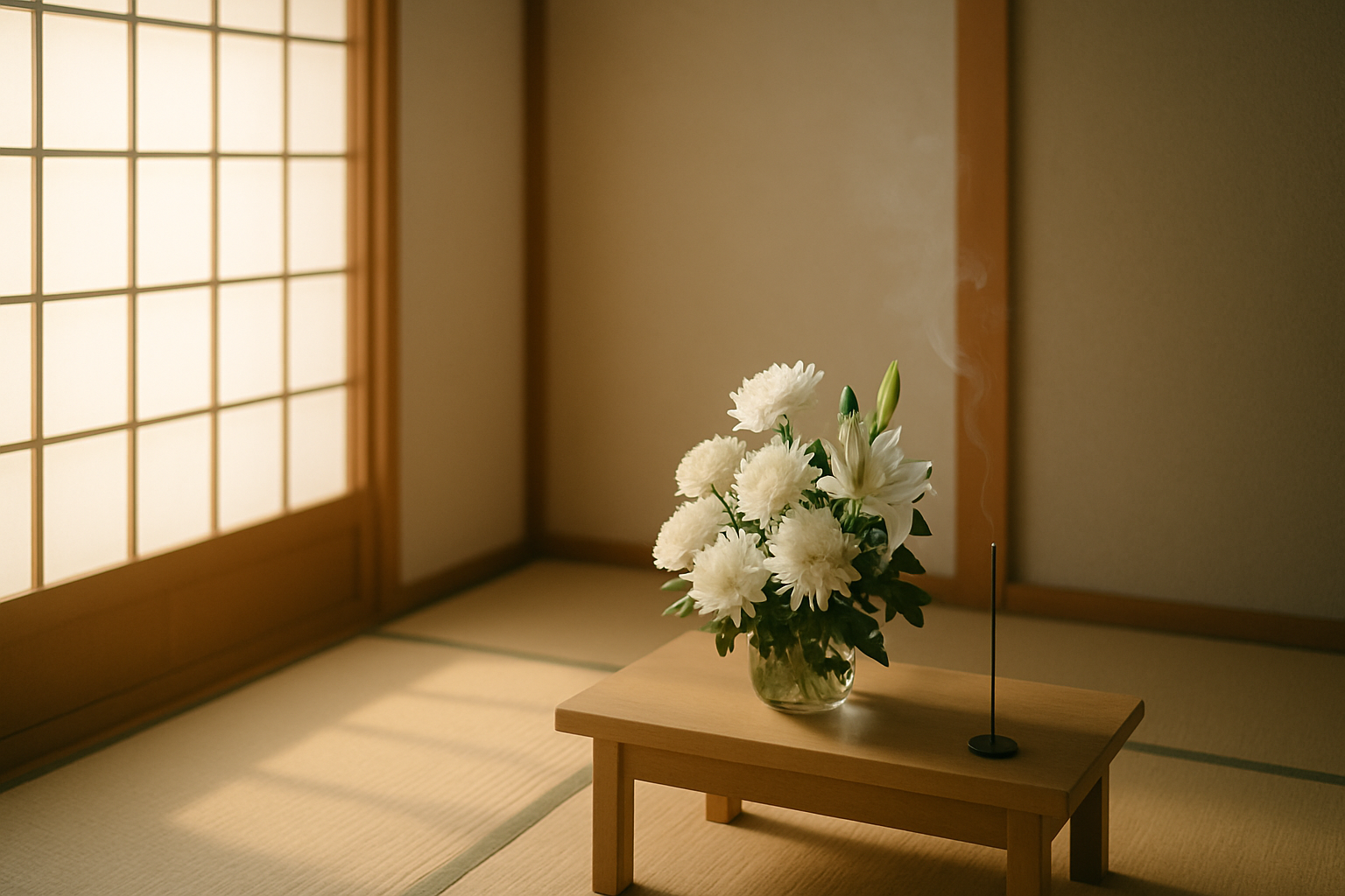 白い封筒と袱紗、静かに置かれた数珠と小さな菊の花