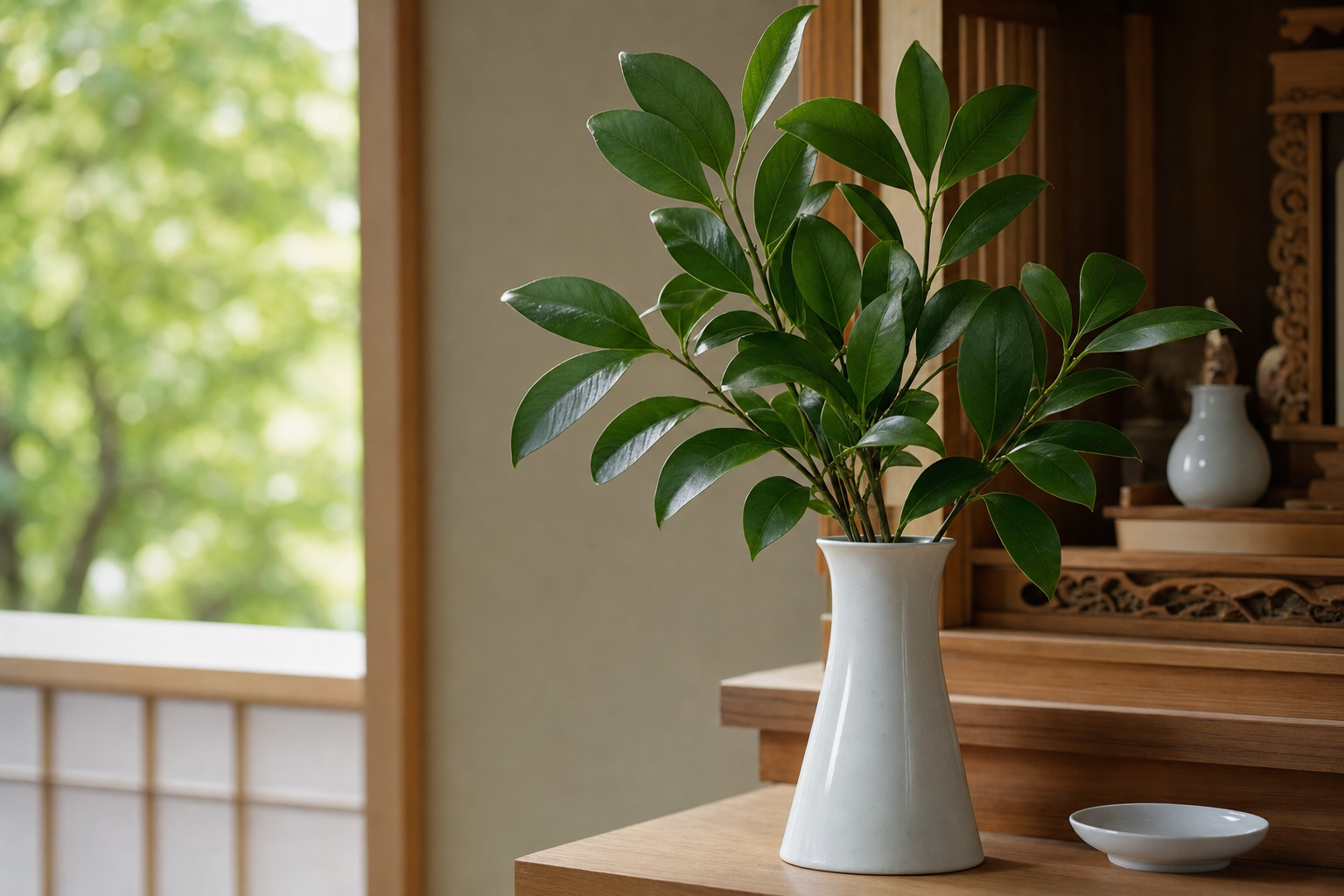 白い陶器の花立てに生けられた濃い緑の常緑樹の葉