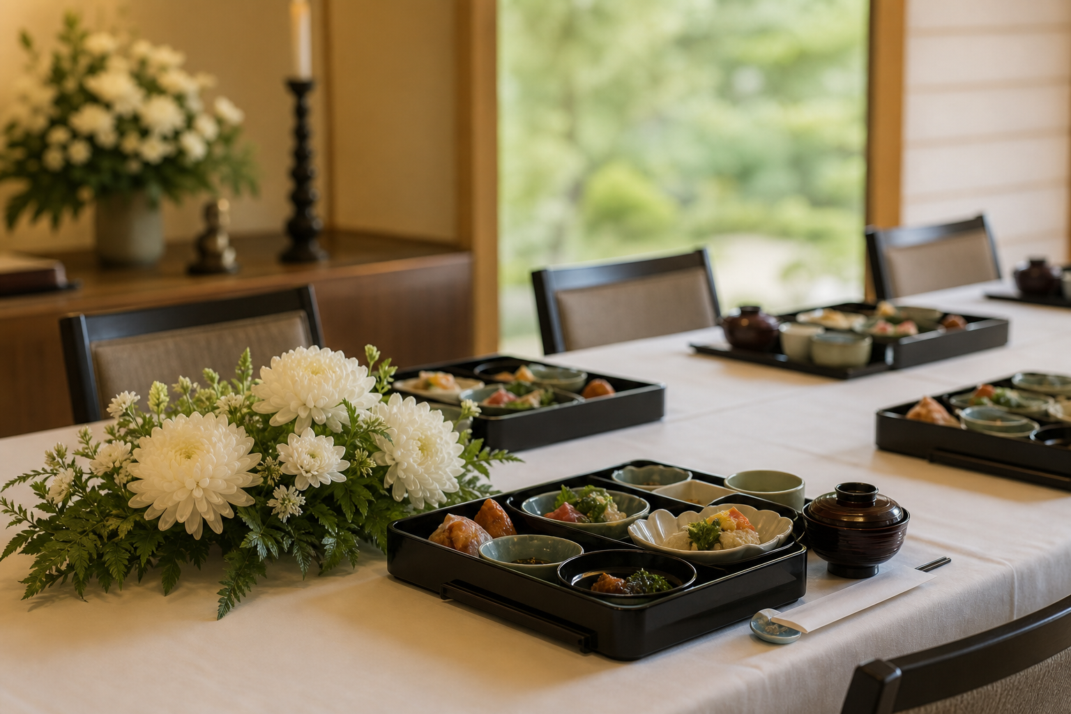 白い菊と懐石膳が並ぶ落ち着いた精進落としの席