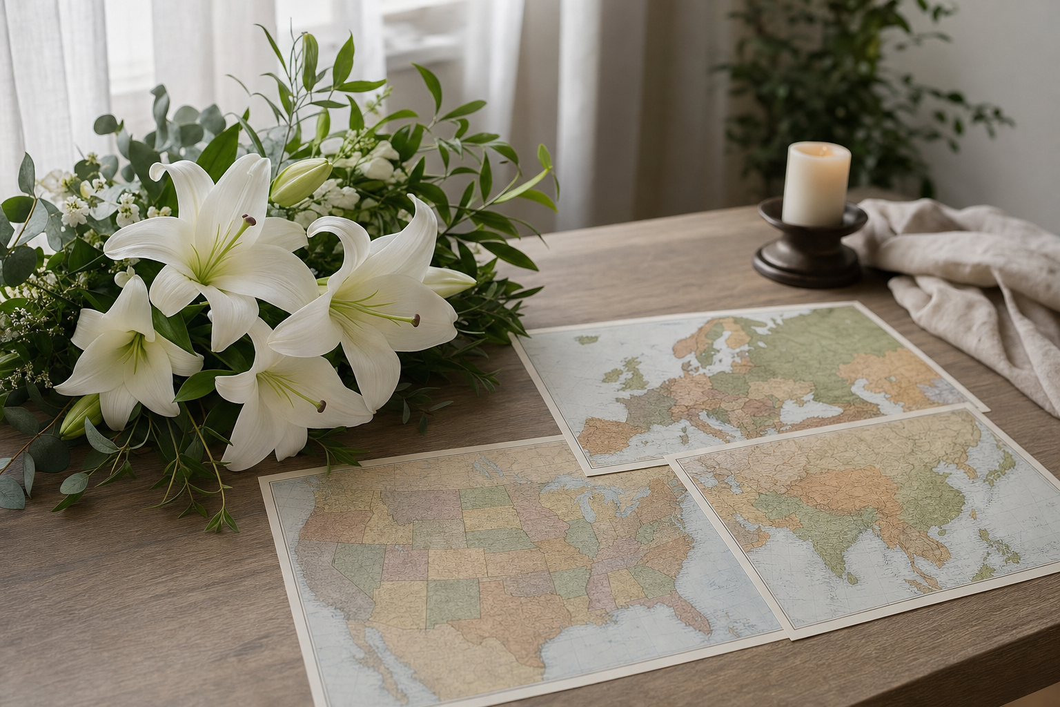 白い百合の花束と各国の地図が並ぶ静かなテーブル