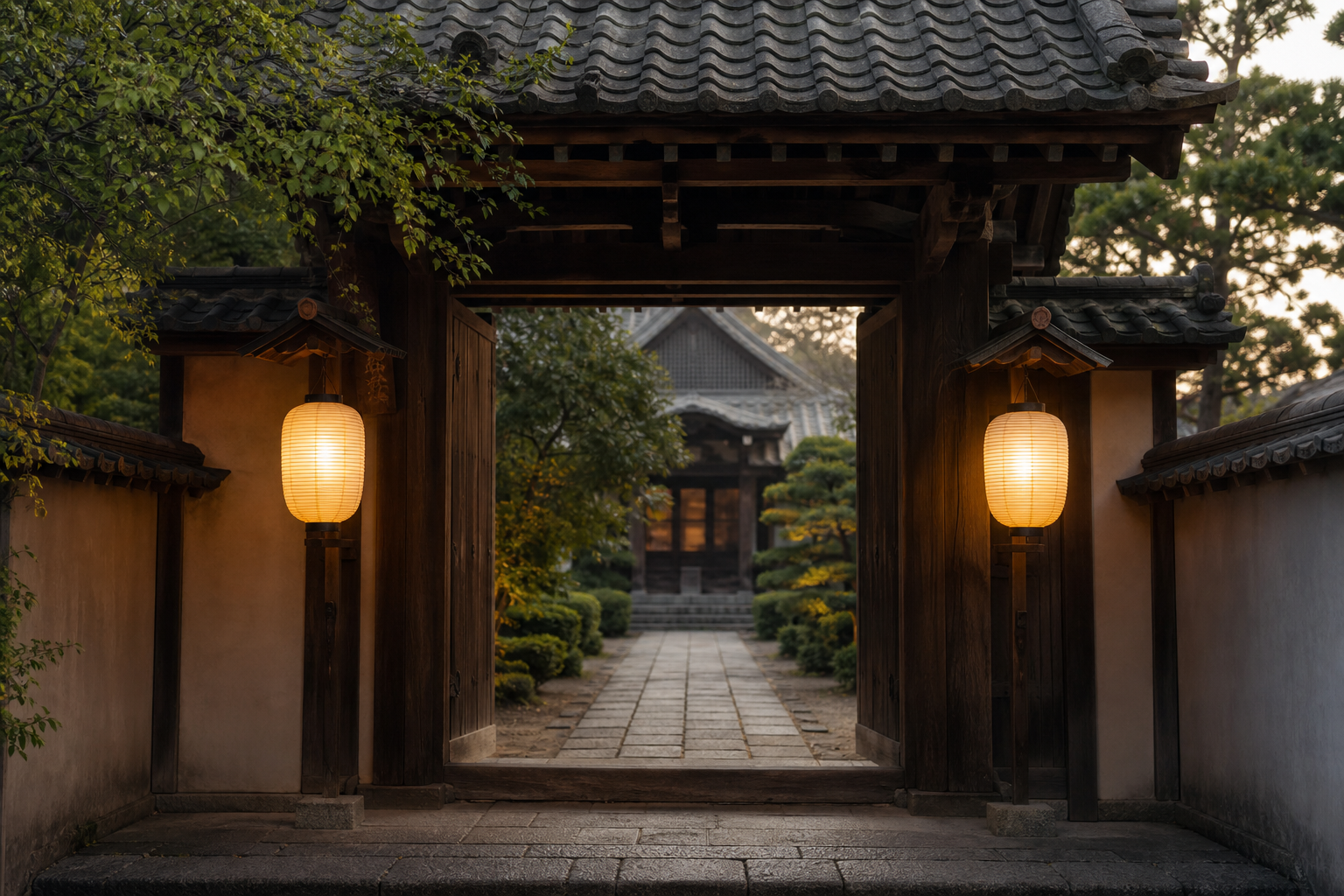 古いお寺の山門と静かに灯る提灯の情景