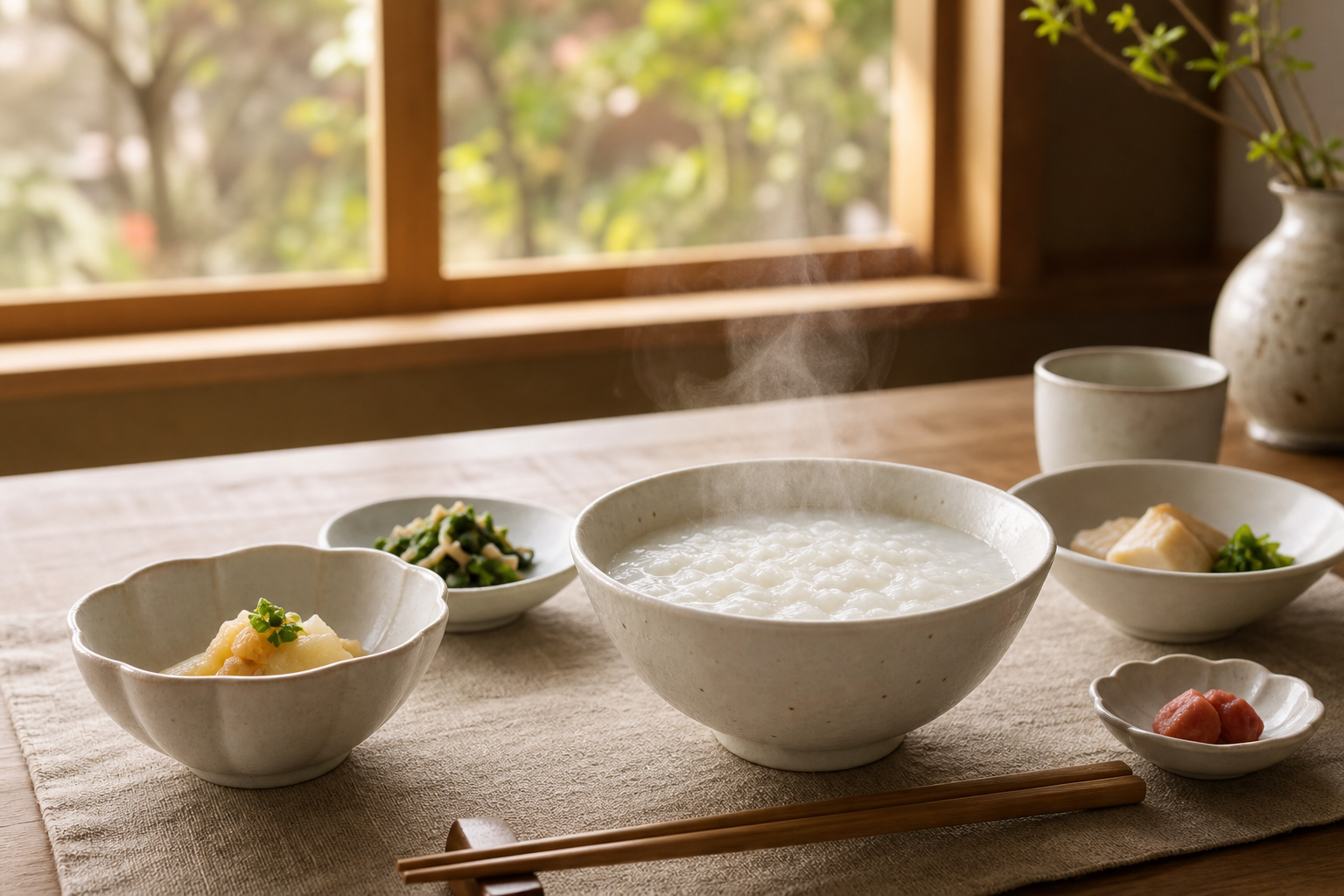 窓辺の食卓に並ぶ白い器と湯気の立つお粥